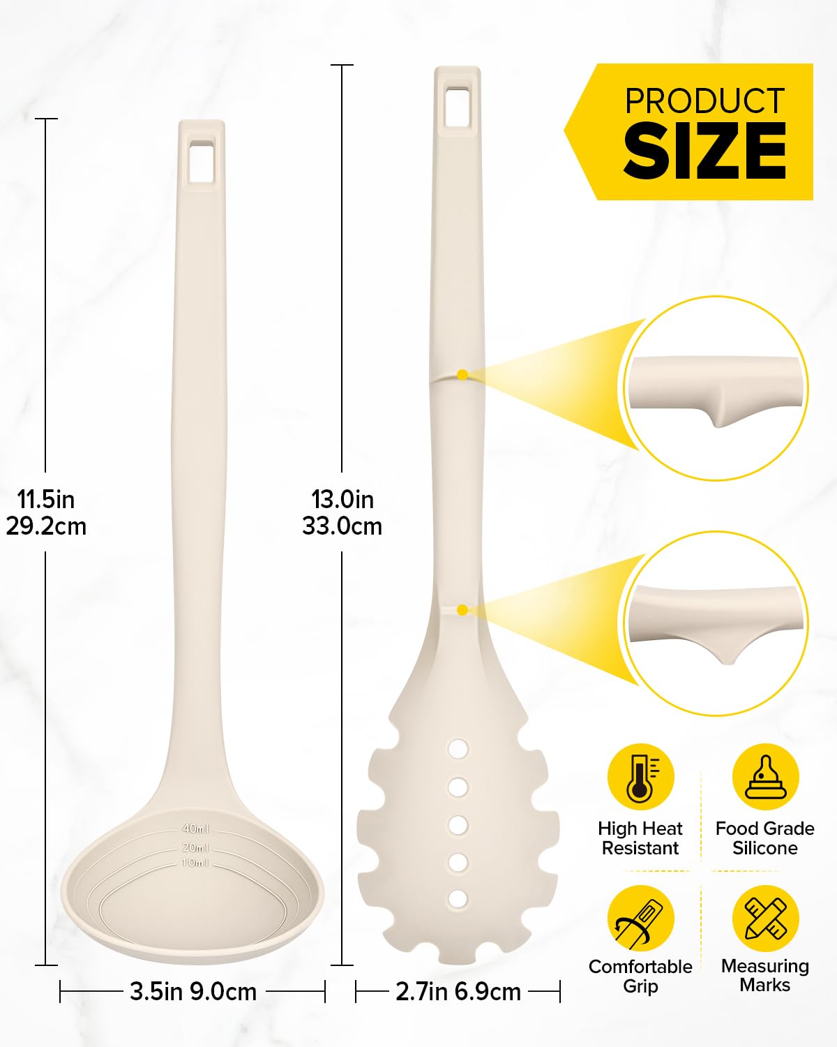 Silicone Pasta Fork and Soup Ladle Set, Heat Resistant Non Stick Kitchen Utensils with Back Hooks, Suitable for Cooking, Stirring, Serving Spaghetti, Soup, Sauce(KHAKI)