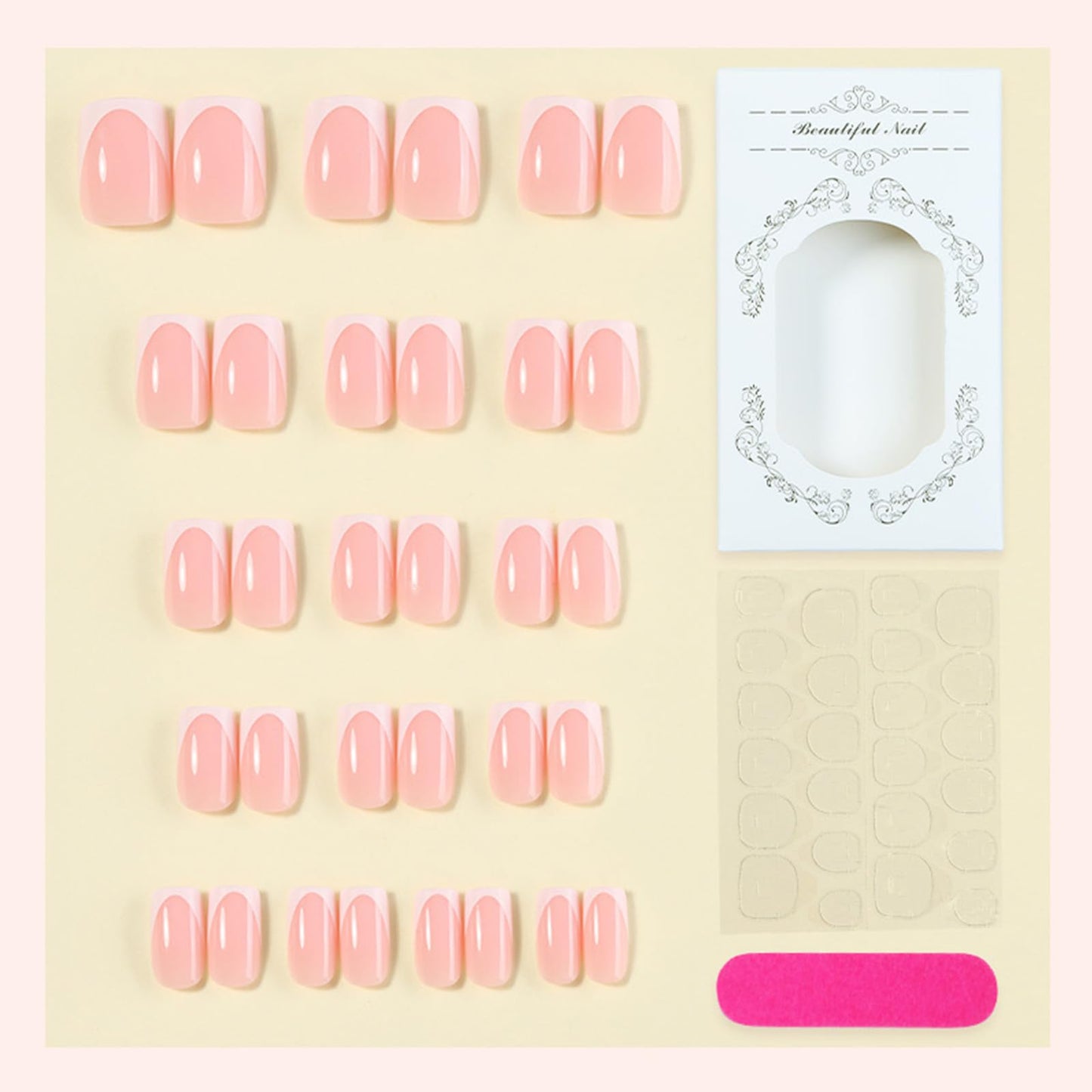 32Pcs French Tip Press On Nails Short Square Fake Nails Press ons Glossy Nude Pink False Nails Reusable Acrylic Stick On Nails for Women Daily Home Office, Manicure Kit with Adhesive Tabs