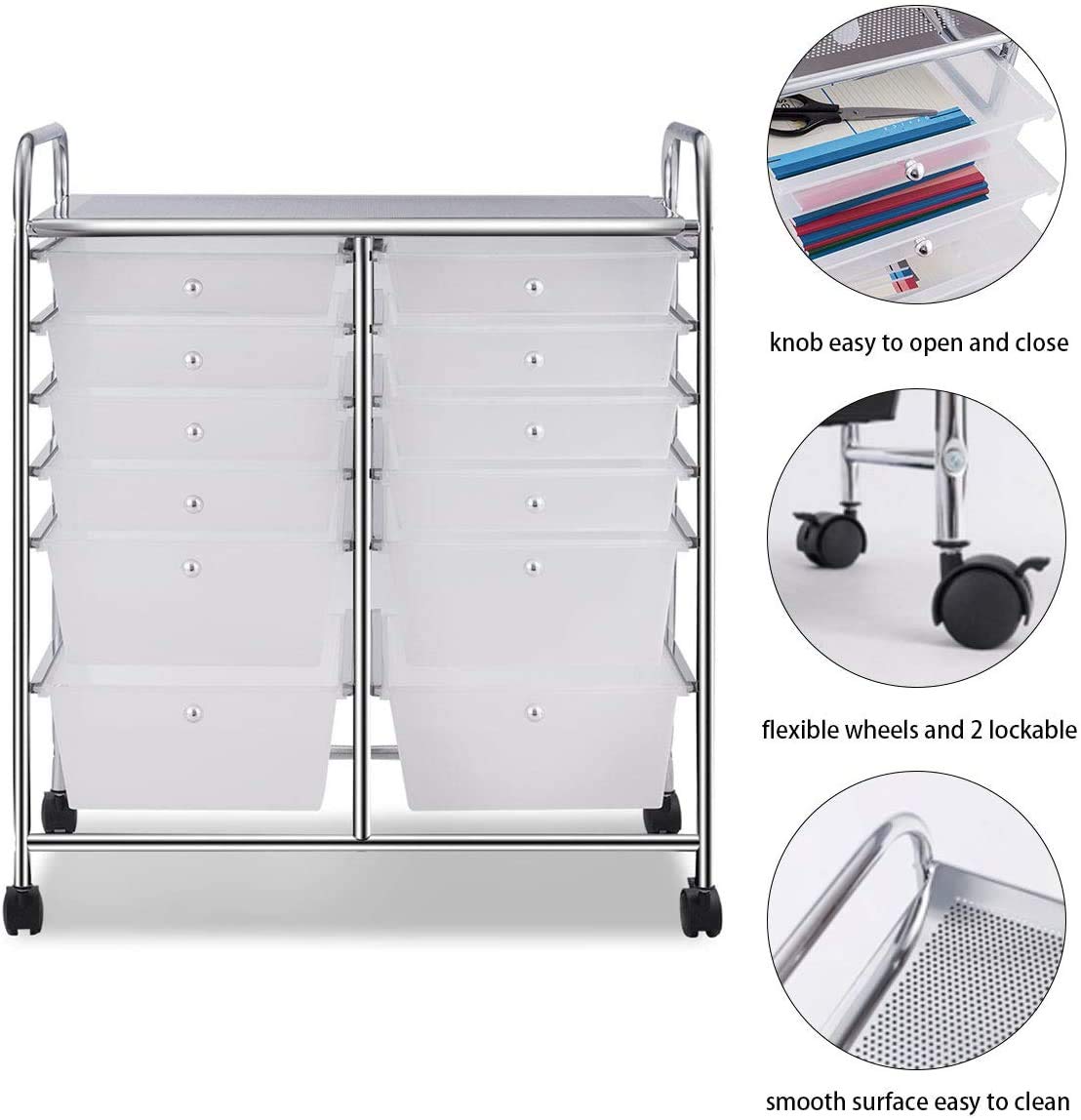 Moccha 12-Drawer Rolling Storage Cart - Under Desk Storage Drawers with wheels for Craft Art Supply Paper Salon, Scrapbook Paper Tools, Mobile Utility Cart for Classroom, Clear