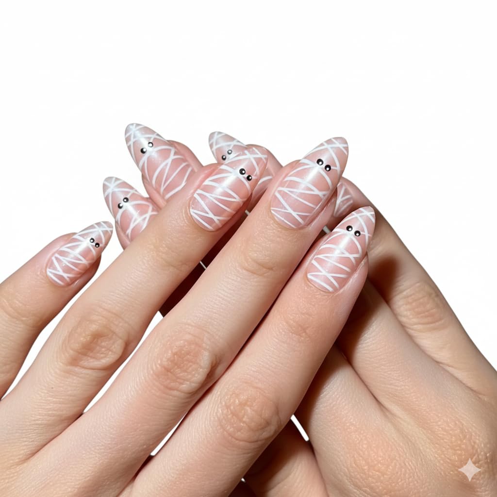 PaintLab Press On Nails - Mummy Glaze Halloween Almond Fake Nails, 30 Nails in 15 Sizes with Glue, Reusable Salon Quality Press On Nails