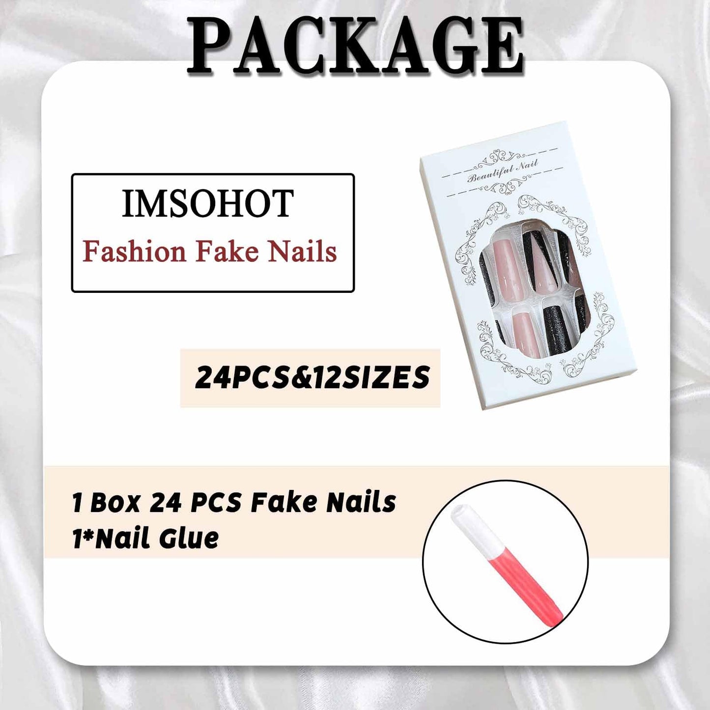 IMSOHOT Press on Nails Long Square Fake Nails Black French False Nail Tips Glossy Acrylic Full Cover Rhinestones Glitter Glue on Nails for Women 24Pcs