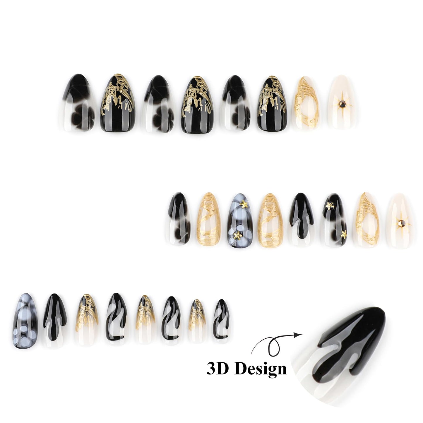 MISUD Press on Nails - Medium Almond Fake Nails with Black Flower, Acrylic Gold Chrome Design 24 pcs
