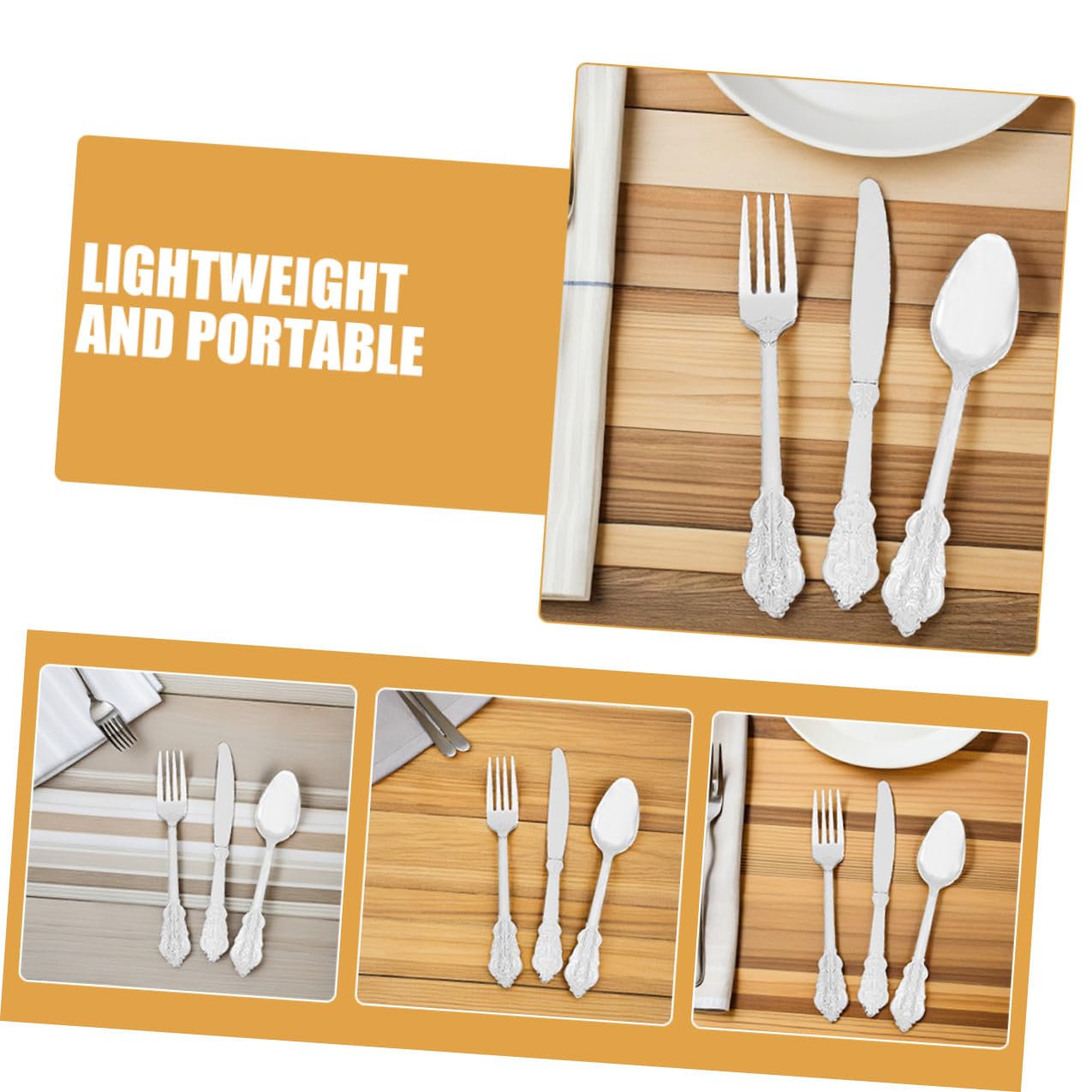 VERDANVERSE Disposable Cutlery Set 24 Pieces with Gold Trimmed Forks Spoons Knives, Plastic Picnic Utensil Kit for Parties Camping and Daily Household Use