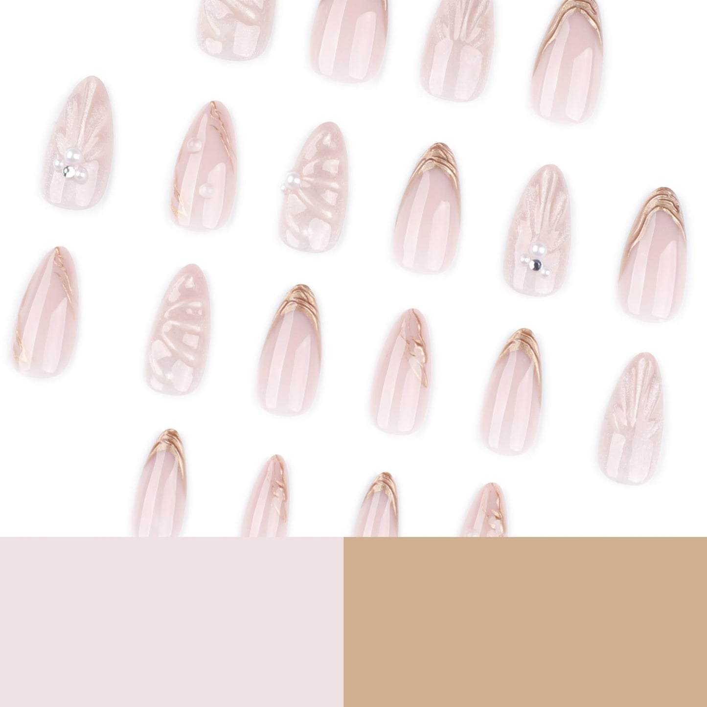 SEENEEY Almond Press on Nails Medium Fake Nails Nude Artificial Nail Pearl Designs Gold Stick on Nail for Women 24pcs