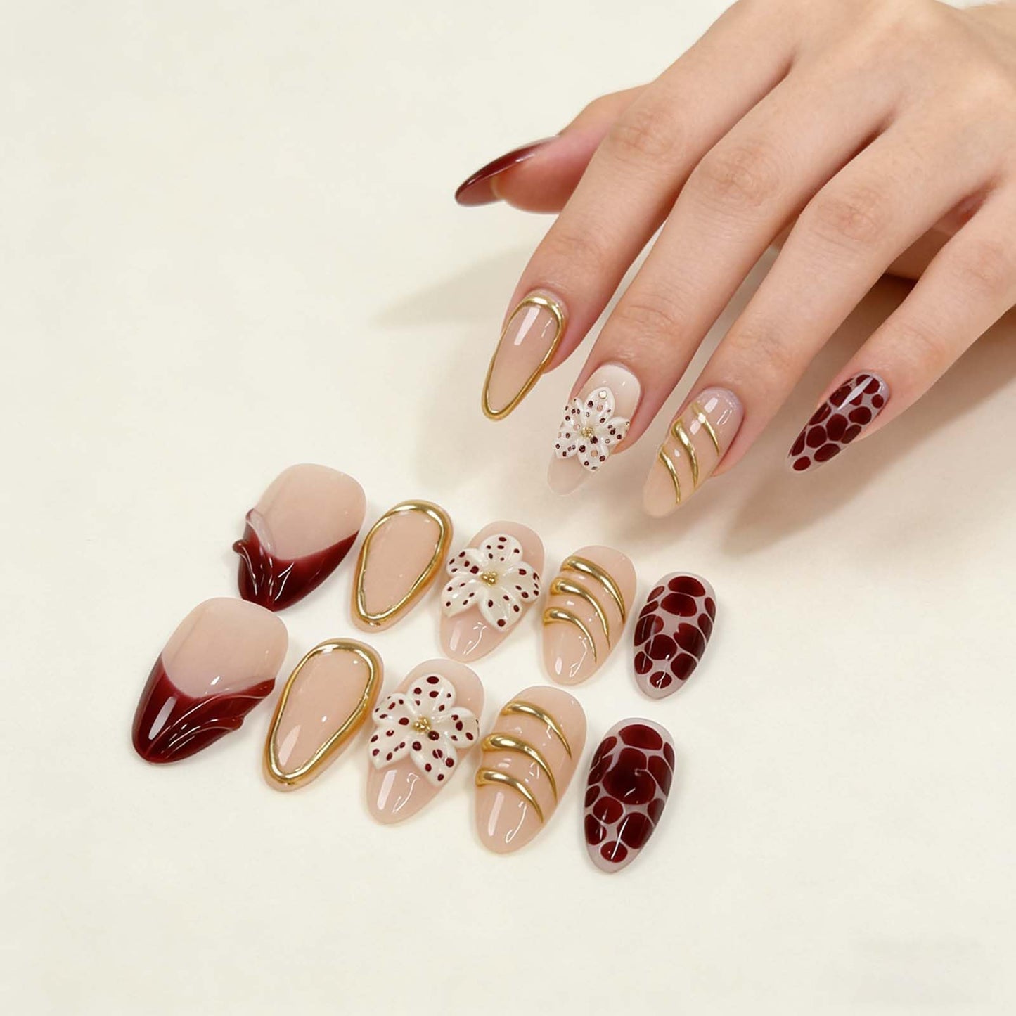 Handmade Press on Nails Almond Summer Nails Reusable 3D Flower Fake Nails French Tip Gold Accent Glue on Nails for Women 10 Count S Size