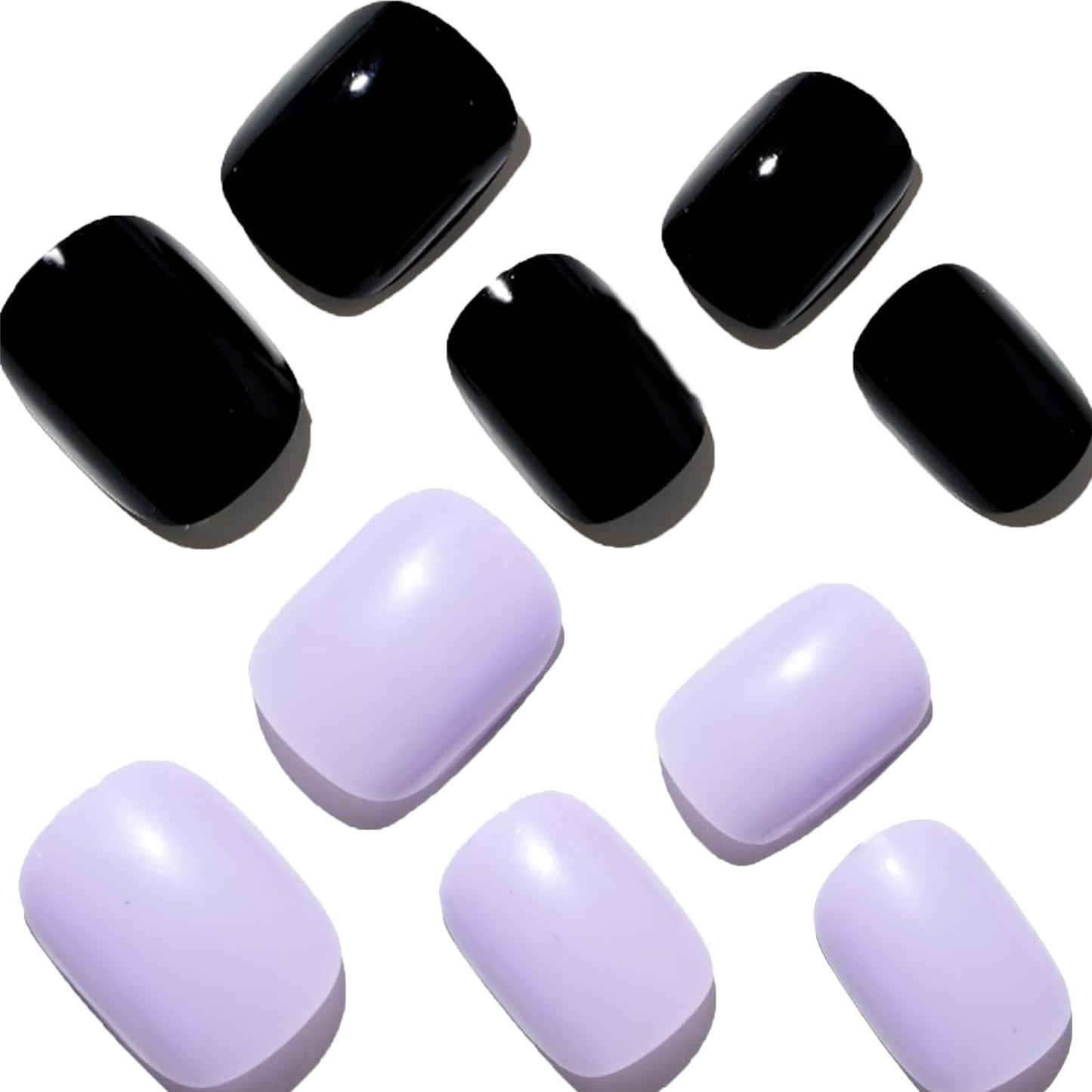 GLAMERMAID Short Press on Nails Sets Squoval,Black and Light Purple Glossy Glue on Nails,48 Pcs 2 Sets Reusable UV Finish Fake Nails Acrylic False Nails Manicure Kits for Women Gift