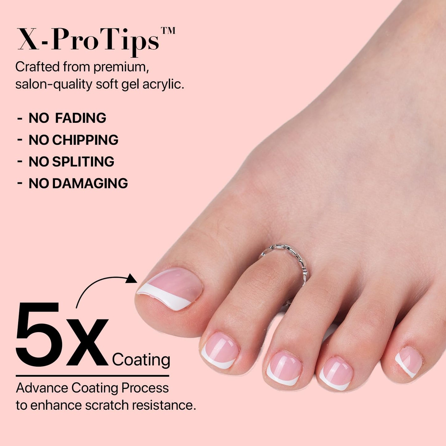 SXC Cosmetics X-Pro Tips French Tip Press On Toenails for Women, Acrylic Soft Gel System (Short French Pink, Short)