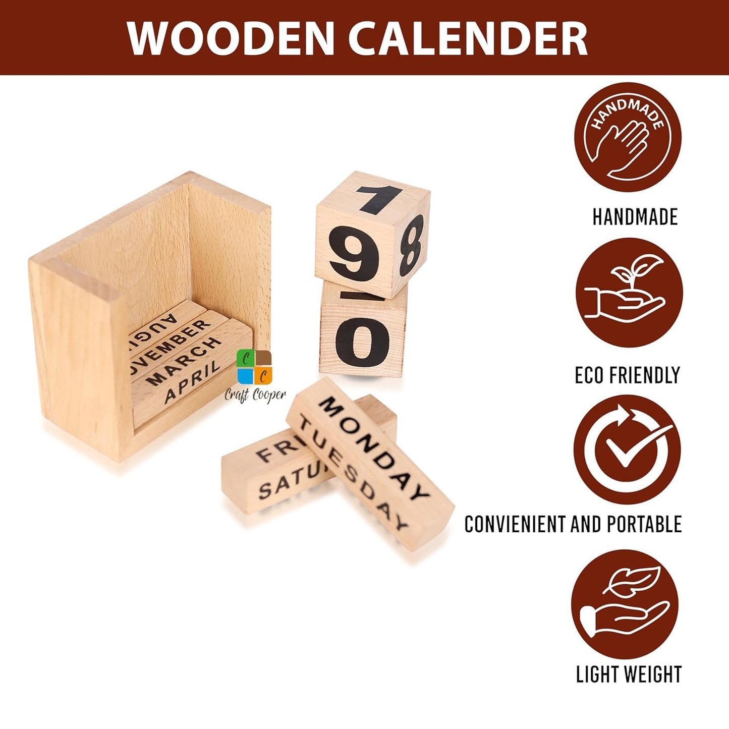 Craft Cooper Wooden Perpetual Block Calendar for Desk, Wood Month Date Display Blocks for Teachers, Students, Classroom, Rustic Farmhouse Office Decor, Desk Accessories