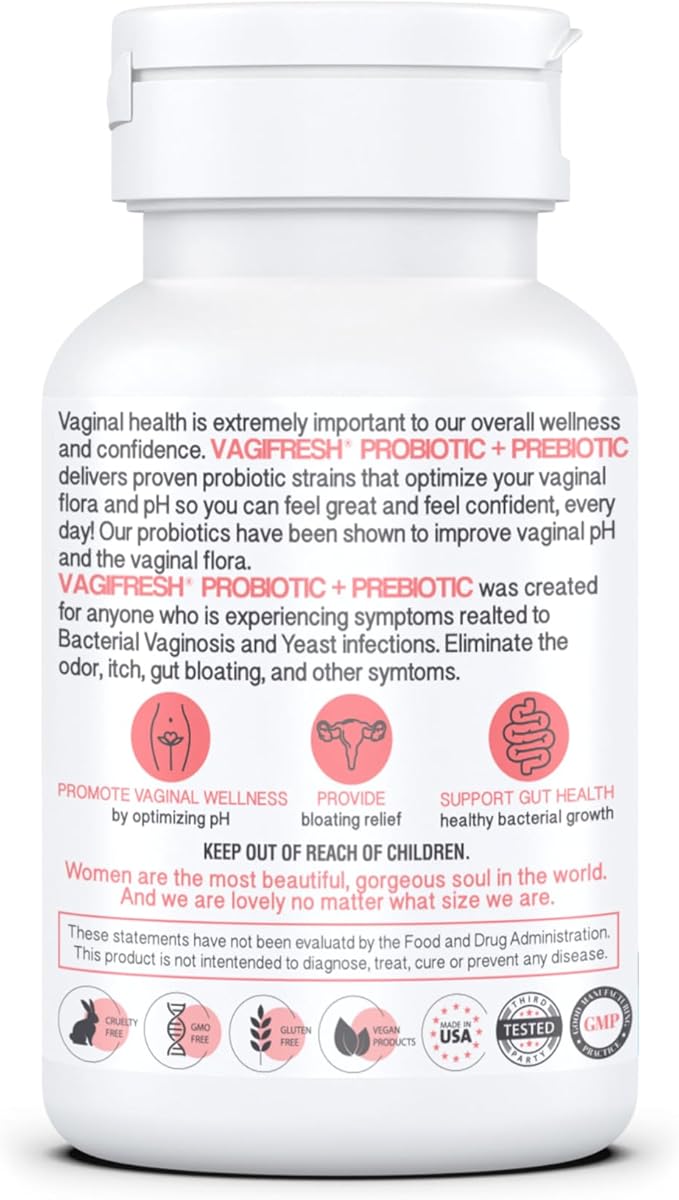 VAGIFRESH Vaginal Probiotics, pH Balance, Prebiotics & Lactobacillus. Women's Vaginal Health Supplement - Healthy Vaginal Odor & Flora, 30 Count.