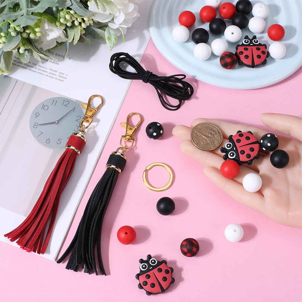 SUNNYCLUE Ladybug Silicone Beads Keychain Making Kit Ladybird Silicone Focal Beads Insect 15mm Round Black Red Beads Bulk PU Leather Tassels Key Chain Split Rings for Key Chains Making Supplies