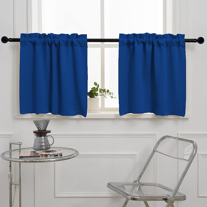 Pickluc Rod Pocket Tier Curtain - Half Blackout Curtain for Kitchen, Bathroom, Cabinet, Basement, 42 Inches Wide and 24 Inches Long, Blue, 2 Panels