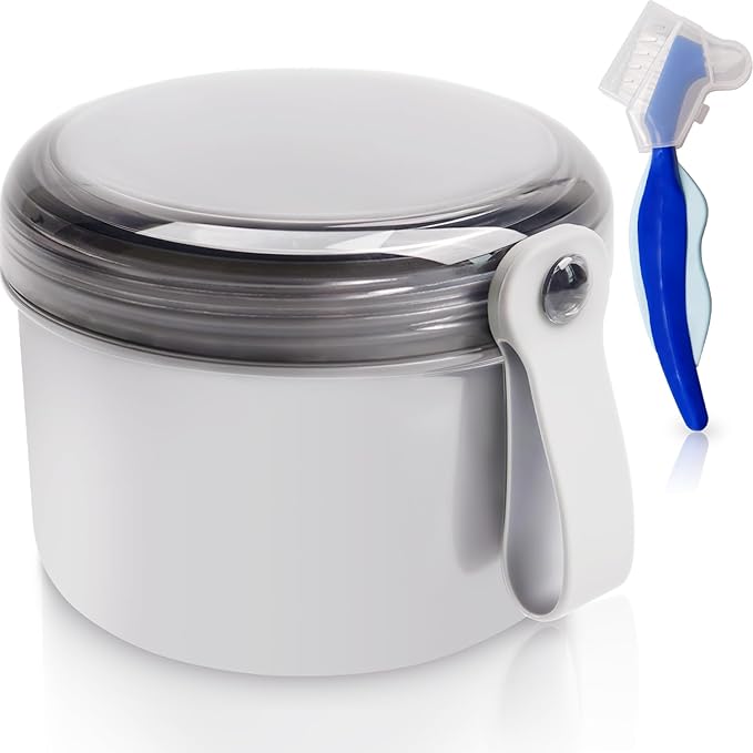 Denture Case with Denture Brush, No Leak Denture Bath Box, Denture Travel Case, Denture Cup with Basket for Soaking Dentures (grey)