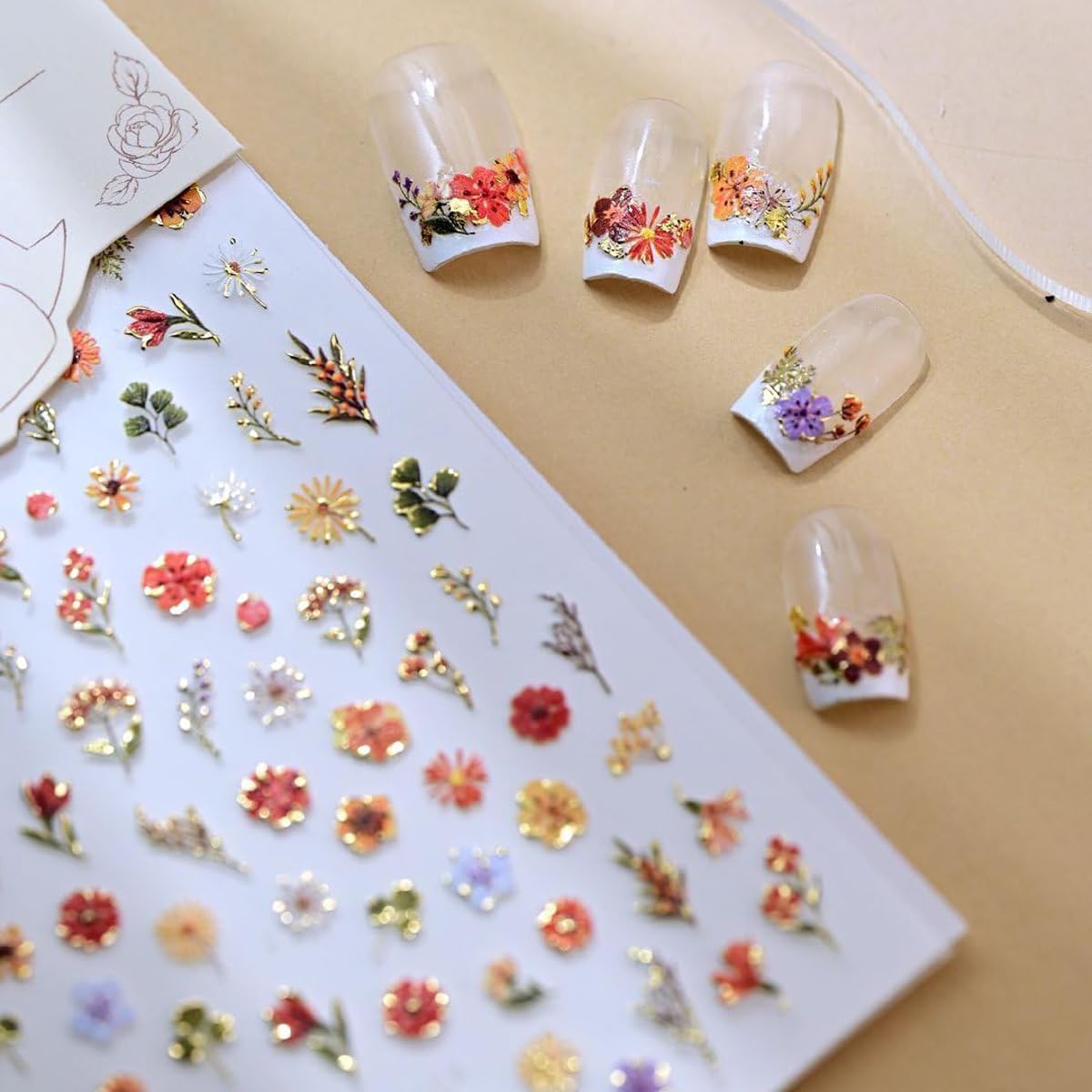 Flower Nail Art Stickers 5D Embossed Floral Nail Stickers Flower Nail Decals Spring Self-Adhesive Nail Decorations for Women Manicure 1 Sheet