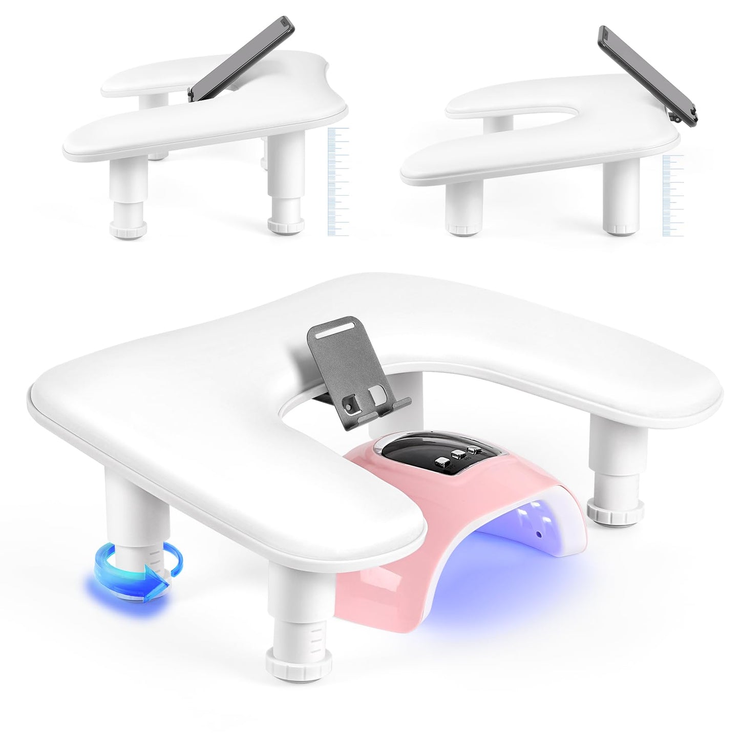 LIONVISON Arm Rest for Nails Tech: U Shaped Adjustable Height Ergonomic Nail Hand Rest Stand PU Leather with Rotating Phone Holder for Nail Salon Manicurist (White)