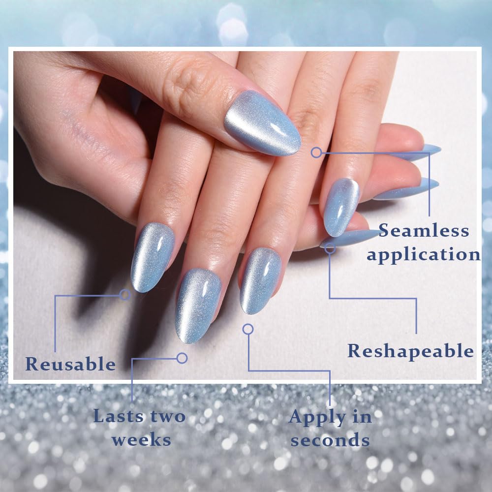evpct Sky Blue Cat Eye Real Short Press on Nails Almond, Petite Short Almond Stick on Nails for Women Gift, Sky Blue Holographic Glossy Fake Nail Reusable, Soft Press on Acrylic Nail with Designs