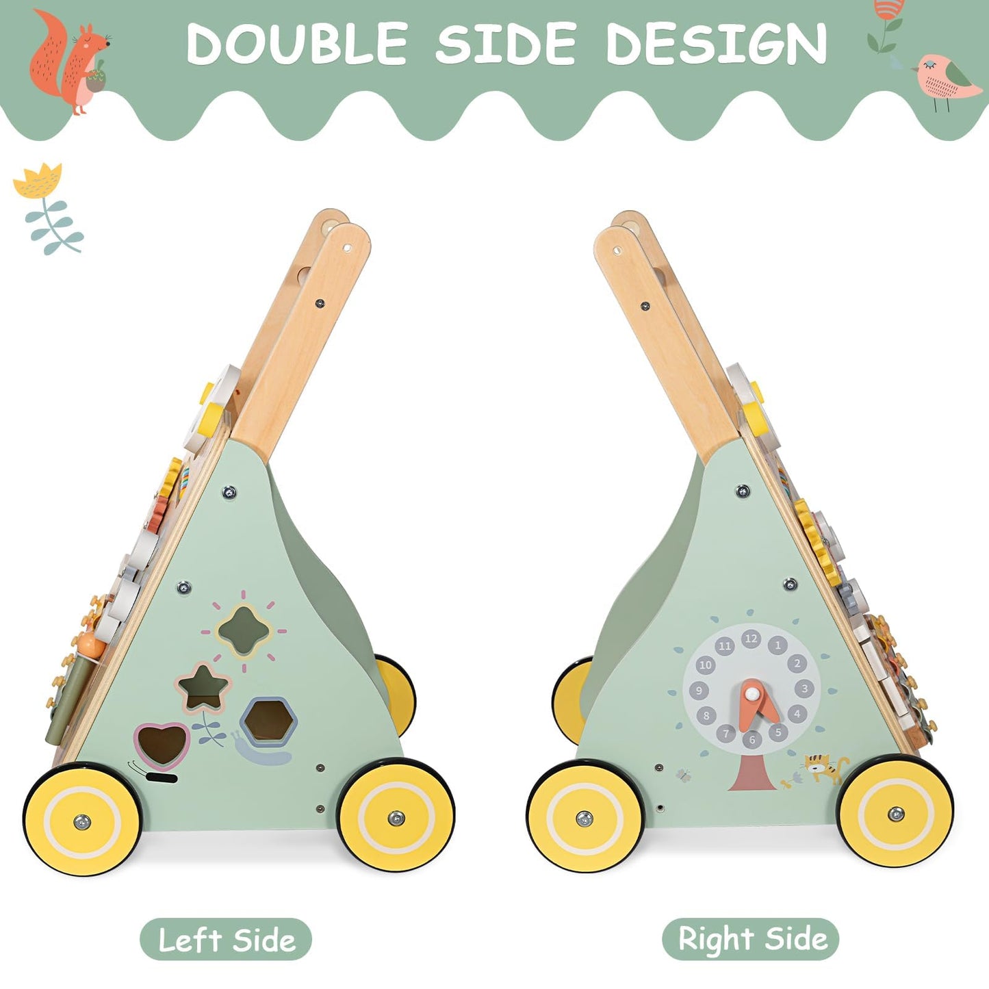 GiggleGems Wooden Baby Walker, Multiple Learning Activities Center Develops Motor Skills for Infant to Toddler, Push and Pull Walkers with Wheel for Boys Girls