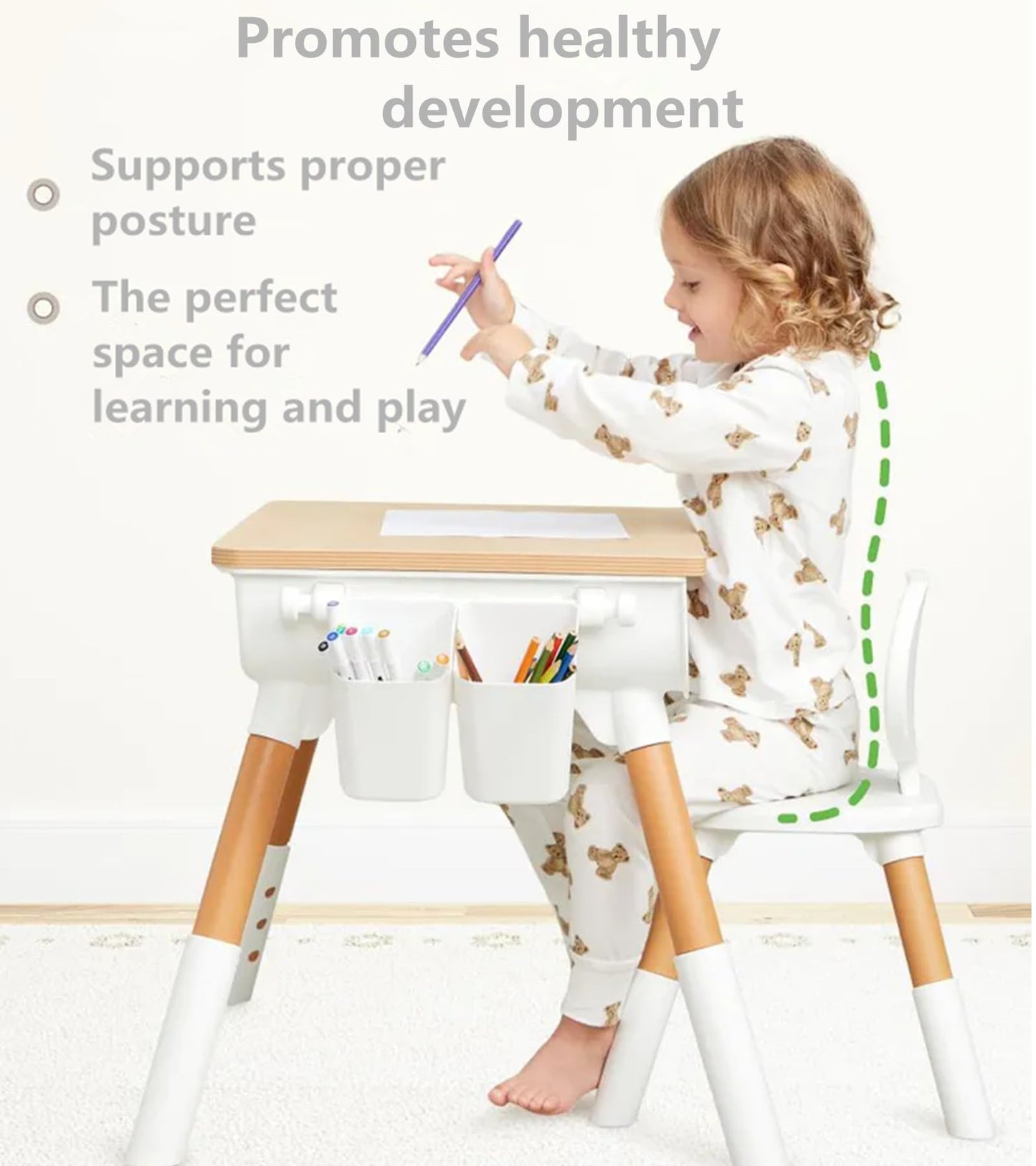 Tonlevo Toddler Desk & Chair Set - Adjustable Height Kids Table with Storage, Solid Wood Legs, Ergonomic for Arts & Crafts, Learning, Snacks & Play (Ages 1-8) - Tool-Free Assembly, White/Natural Wood