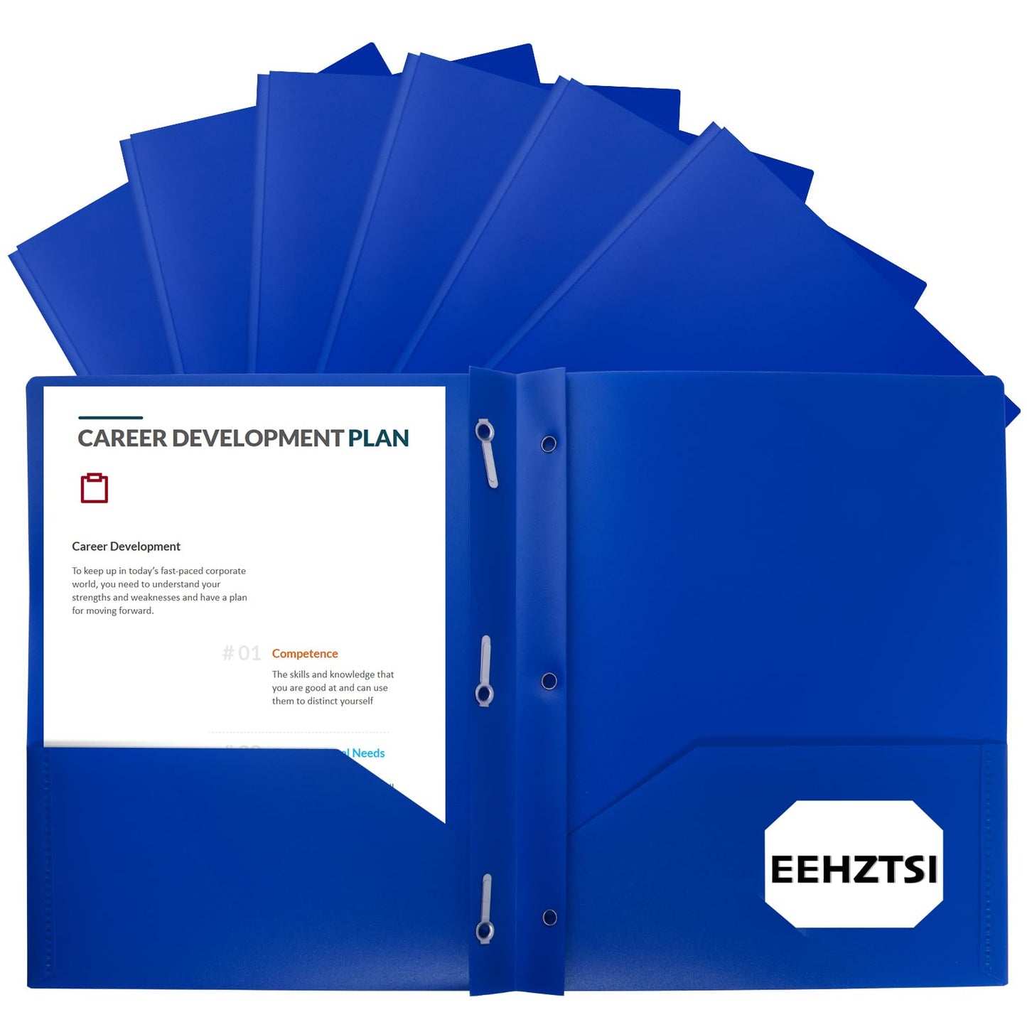 EEHZTSI 12-Pack Plastic Folders with Pockets and Prongs, 2-Pocket Poly Folders with 3 Fasteners Holds 8-1/2" x 11" Paper for School/Office/Home, Blue