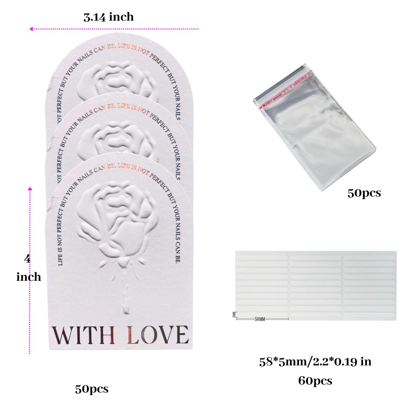 Press On Nails Packaging Kit Holographic Display Cards Storage Bag Nail Tech Must Haves Nail Artist Supply Essentials For Technicians Salon Studio Manicure Business (White, 3 * 4 in) 50 Set