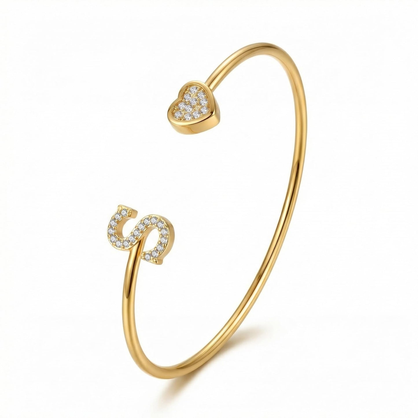 BXDA Trendy Gold Plated Heart Initial S Cuff Bangle Bracelet for Women, Handmade Statement Cubic Zirconia Stackable Open Letter Bracelets Fashion Jewelry Accessories Gift