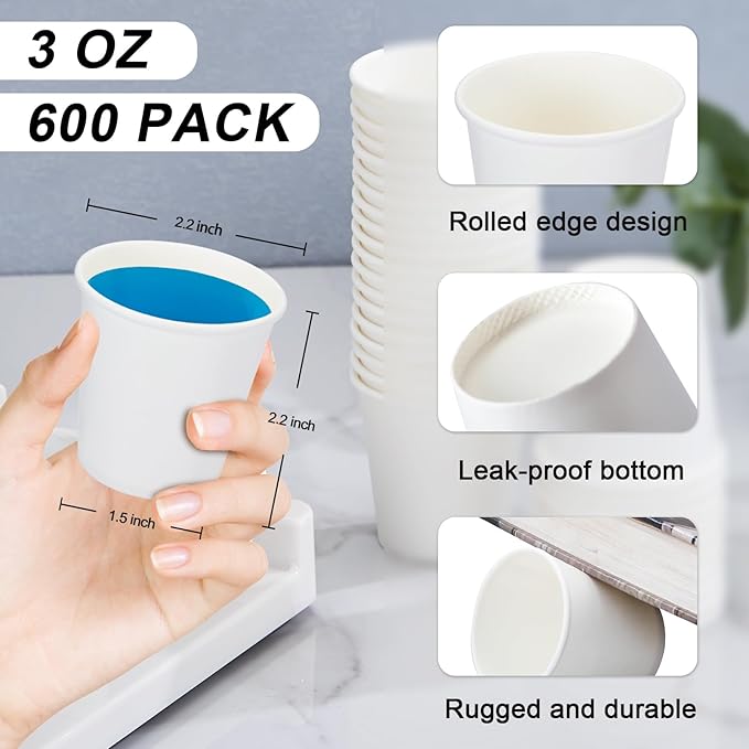 SIUQ 600 Pack 3 oz Paper Cups, Disposable Bathroom Cups, Small Mouthwash Cups, White Paper Cups, Hot/Cold Beverage Drinking Cup for Bathroom, Home, Party, Office, Picnic, Travel and Events