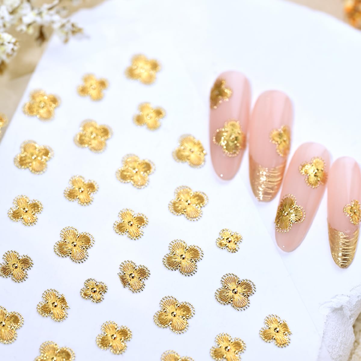 Four-Leaf Clover Nail Art Stickers Gold Shamrock Nail Stickers, St. Patrick's Day Nail Decals 5D Embossed Saint Patrick Self-Adhesive Nail Decorations for Women 1 Sheet