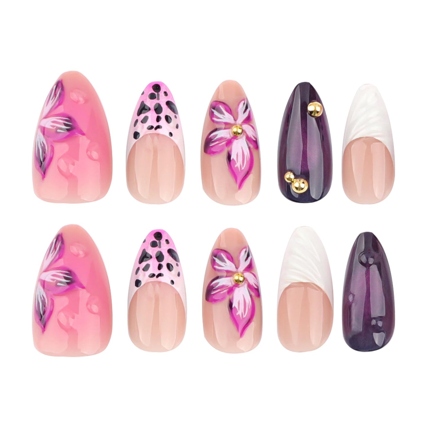 Leopard French Tip Press on Nails Medium Almond 3D Embossed Floral with Leopard Print Gold Pearl Shell French Tips Design Acrylic Artificial Fake Nails for Women Girls Manicure Decorations 24Pcs
