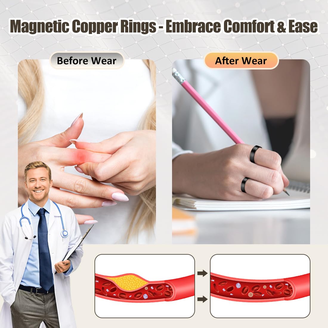Vicmag 2PCS Magnetic Copper Rings for Women & Men,99.99% Pure Copper Ring with 9X Magnets Gift Adjustable(9X Black)