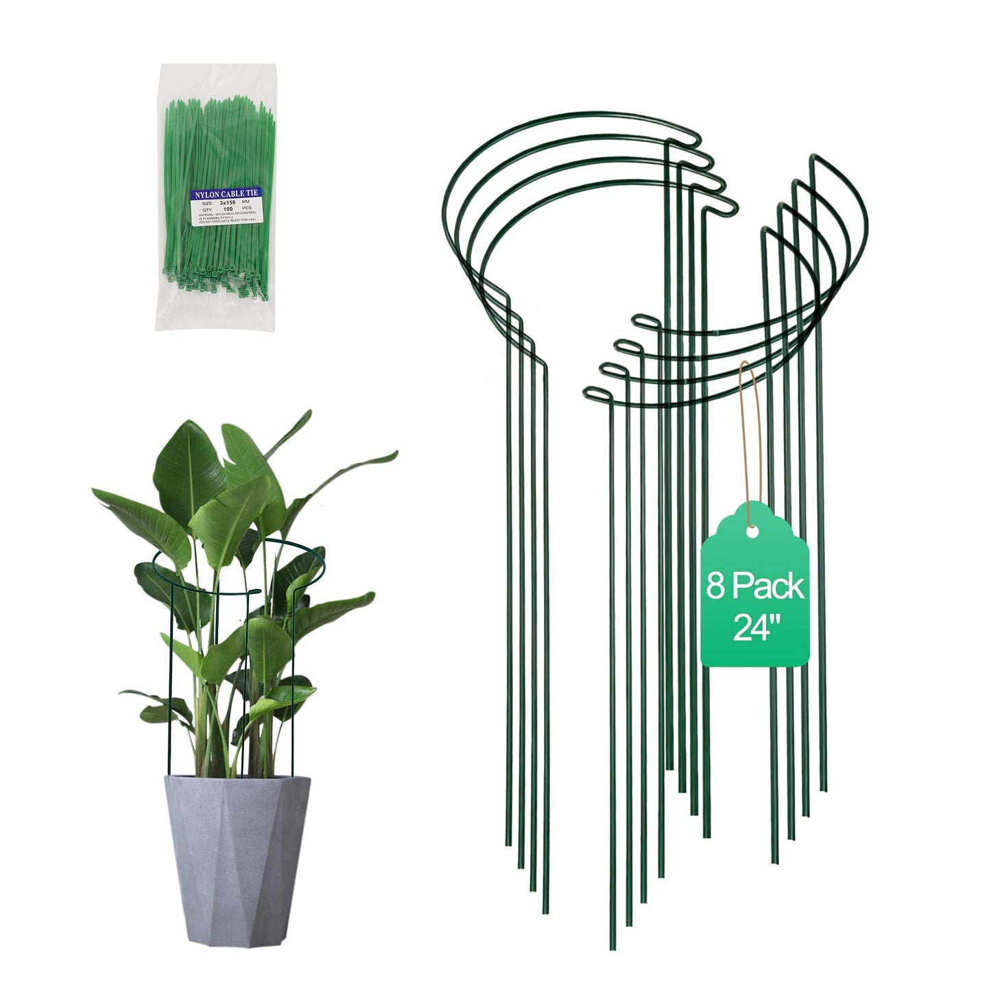 Tall Heavy-Duty 24in Plant Support Stakes - 8 Pack Adjustable Peony Cages & Supports for Outdoor Plants, Half-Round Garden Stakes for Hydrangea, Roses with Extension Stakes