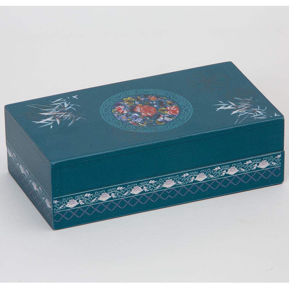 Bits and Pieces 8 Step Secret Puzzle Box Chinese Bamboo Puzzle Gift Box for Trinkets Money Gifts Jewelry, Peony Artwork, Teal Blue Brainteaser, 3.25 x 6.25 x 2 Inches