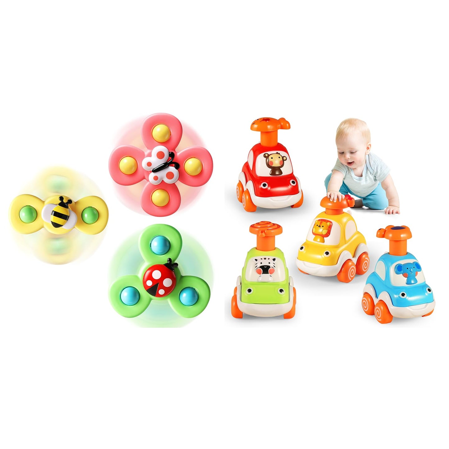 ALASOU 3 PCS Suction Cup Rotating Toys and 4 PCS Animal Car Toys for Infant and Toddlers