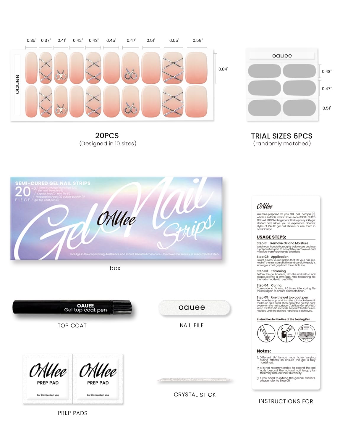 Oauee Semi Cured Gel Nail Strips | Built-In Gel Top Coat | UV Light Required | Salon Quality, Easy Application And Removal (Ballet Style Gradient Color)