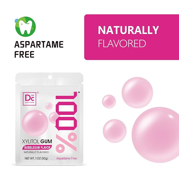 DC24 DAILY CARE 100% Xylitol Gum | Aspartame Free Chewing Gum | Natural Bubblegum Flavored | Sugar Free Gum, 20 Pieces, Pack of 2