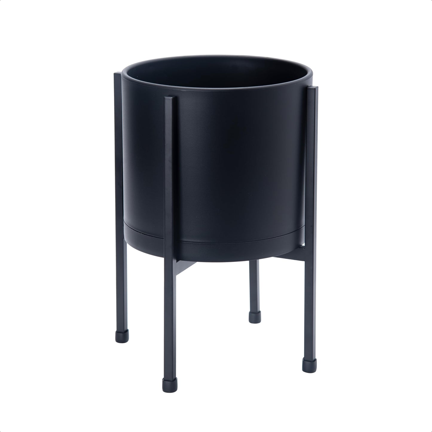 D'vine Dev 8 Inch Black Planter Pot with Stand – Modern Plastic Cylinder Flower Pot with Heavy-Duty Metal Stand for Indoor Plants, 55-D-B-1