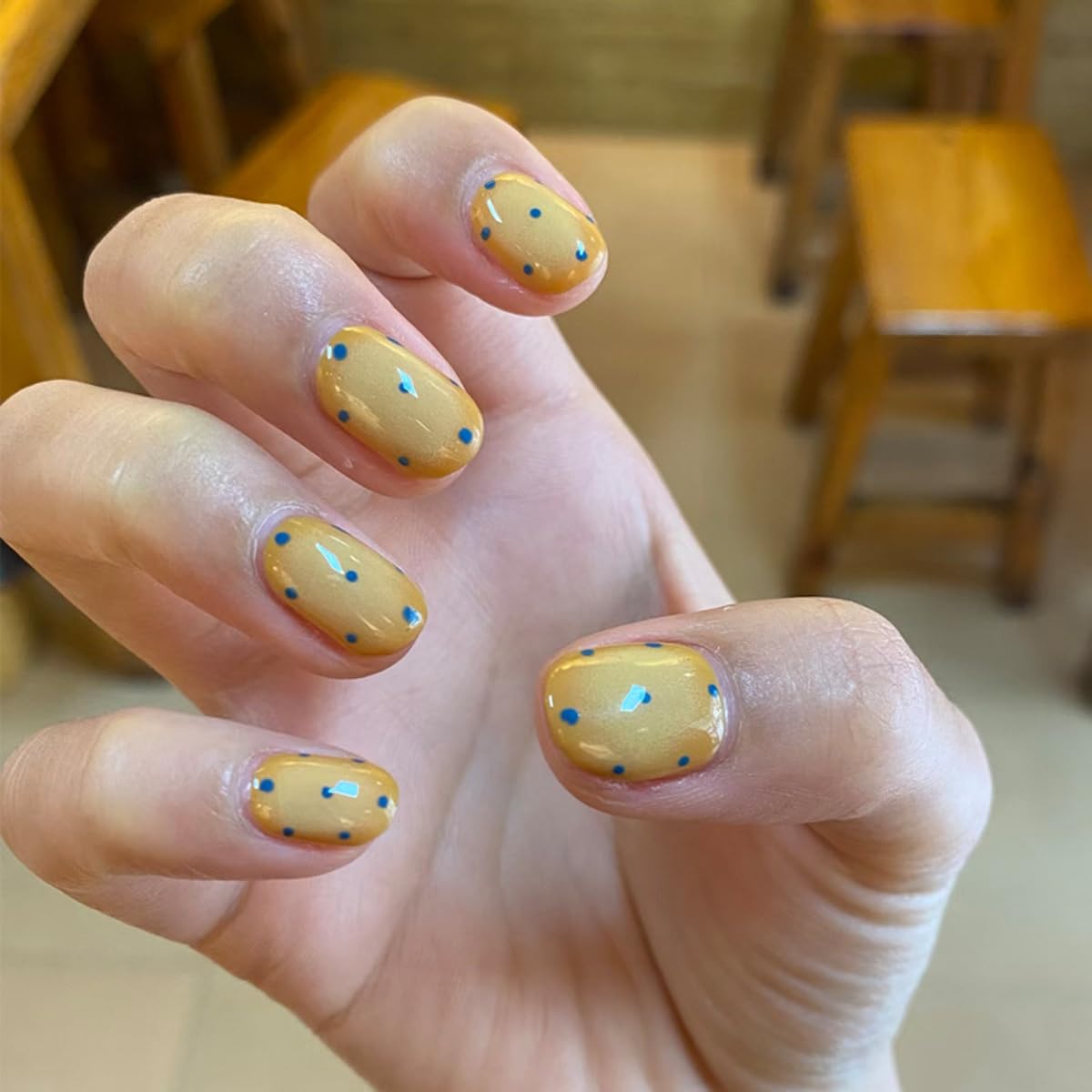 Polka Dot Press on Nails Short Square Fake Nails Summer Yellow Nails Press ons with Blue Dots Design,Reusable Artificial Nail Full Cover Stick on Nails for Women Manicure 24 Pcs