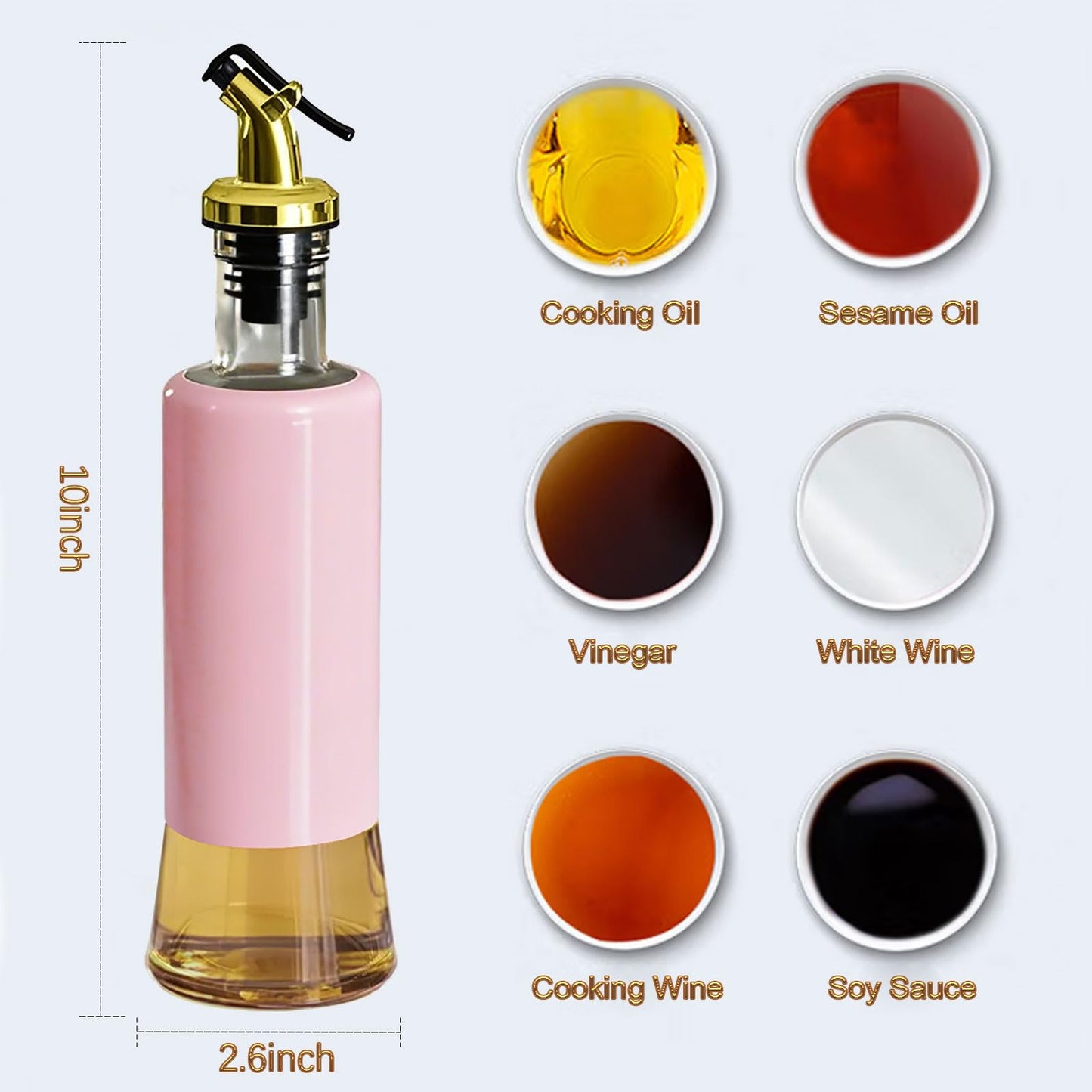 Miao’er Olive Oil Dispenser Bottle for Kitchen Set of 2, Golden Non-Drip & Leakproof Spout, One-handed Hold, With Pink Funnel for Easy Filling, 10OZ/300ML(PINK)