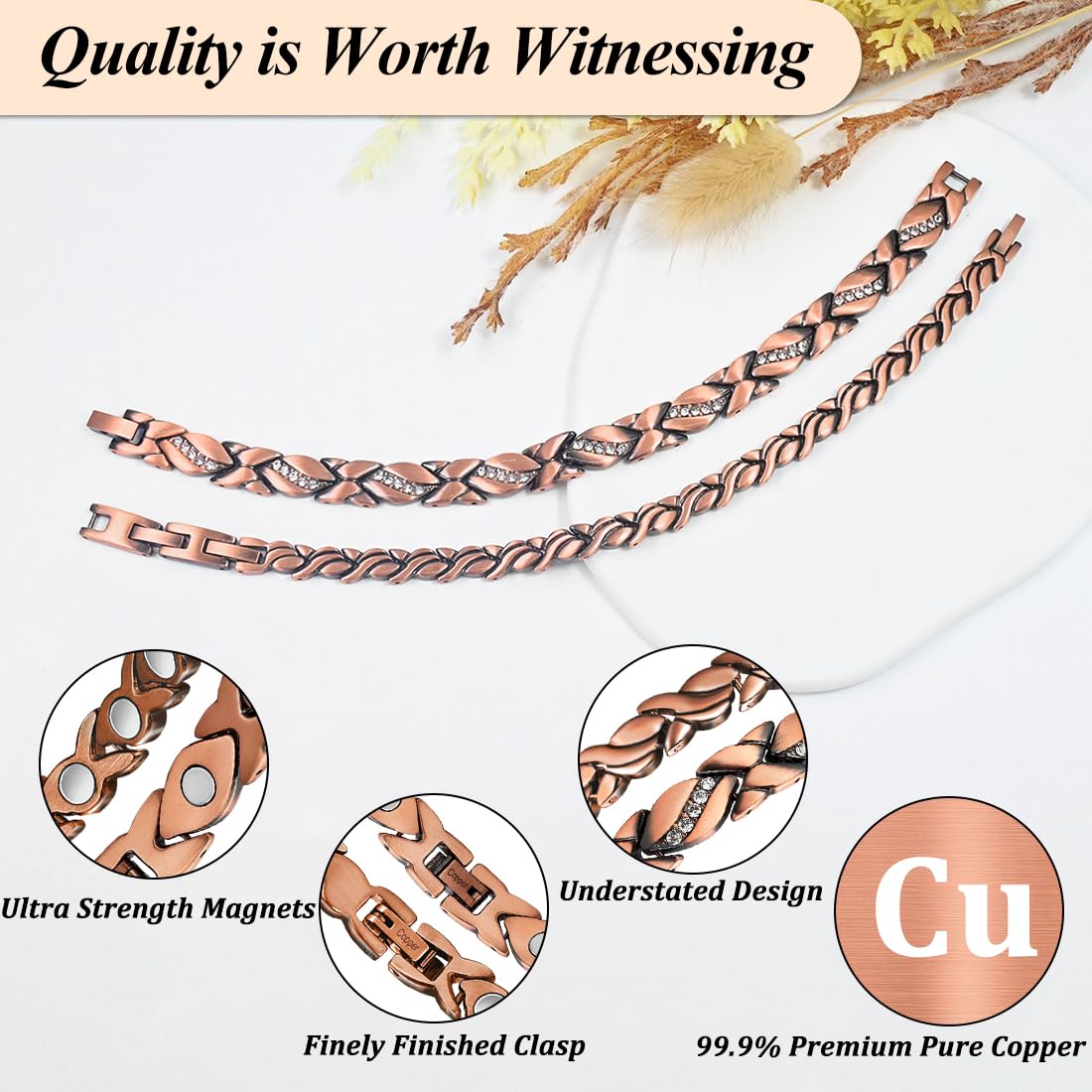 Vicmag 2PCS Copper Magnetic Bracelet for Women 99.9% Solid Pure Copper Strong Magnets Jewelry Gift Adjustable Length