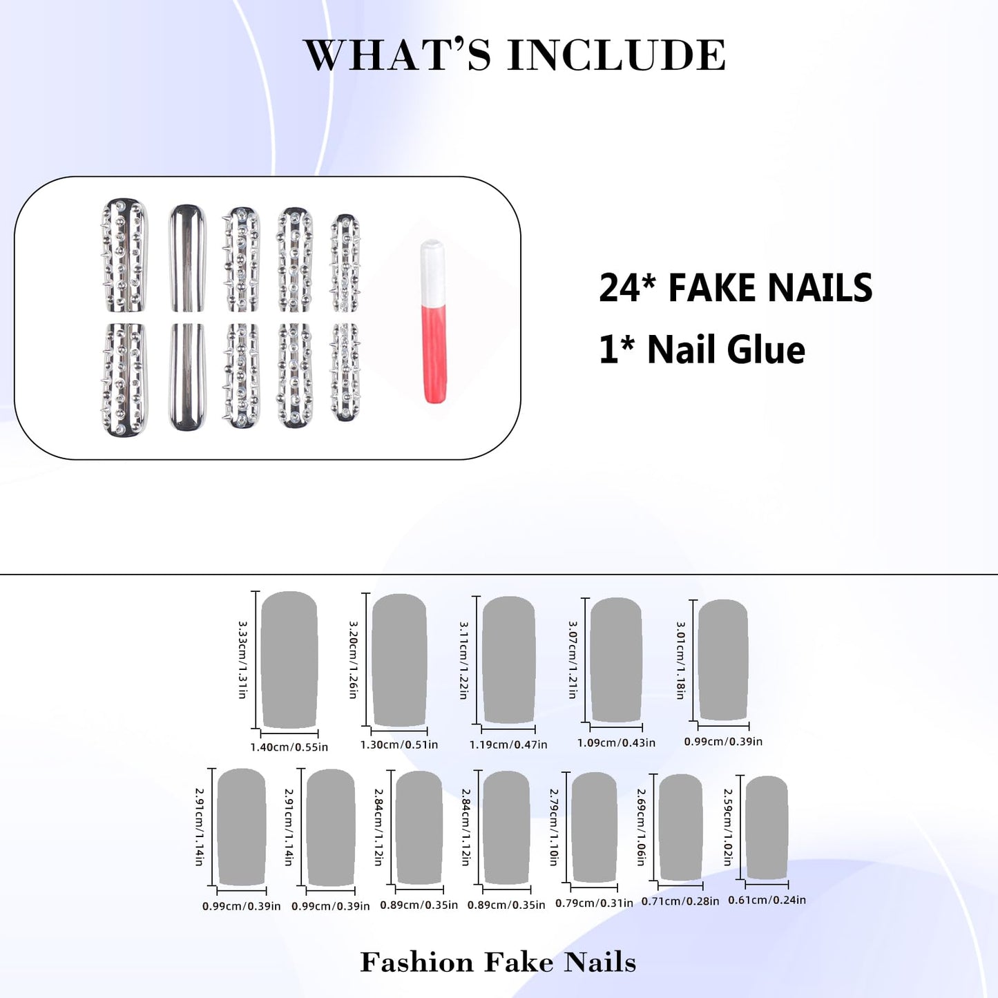 IMRAIN Press on Nails Long Square Fake Nails Metal Silver Acrylic False Nails with Rivets Design Chrome Gothic Full Cover Y2K DIY Nail Supplies Stick on Nails for Women Manicure