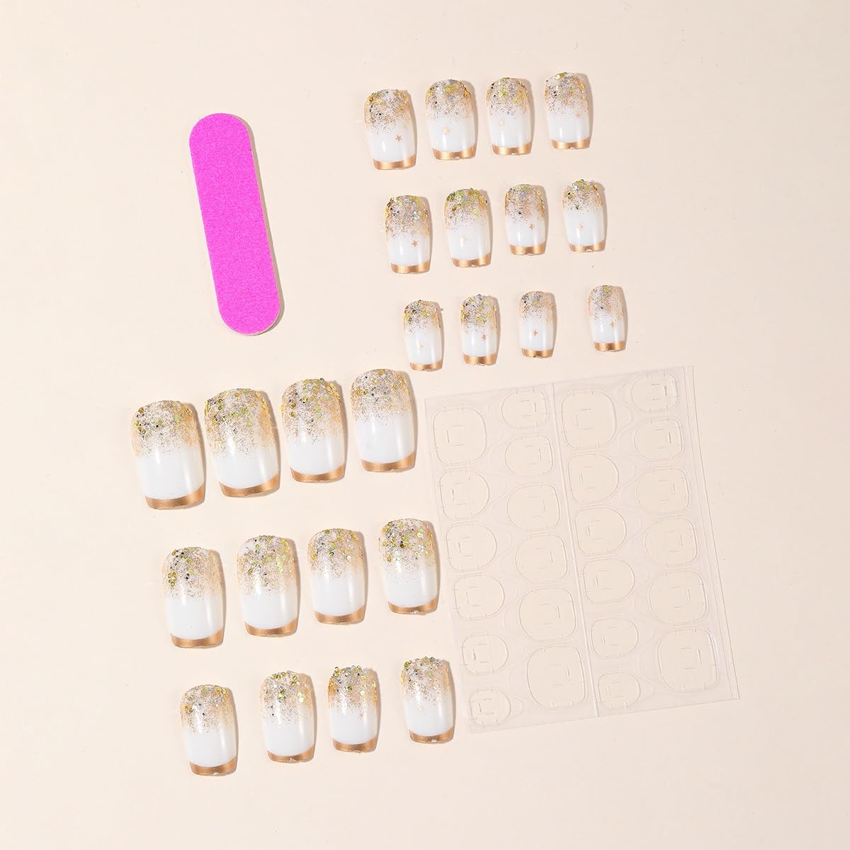 Medium Square Press on Nails White Fake Nails with Gold Glitter Design Acrylic Full Cover Stick on False Nails for Women Manicure 24Pcs