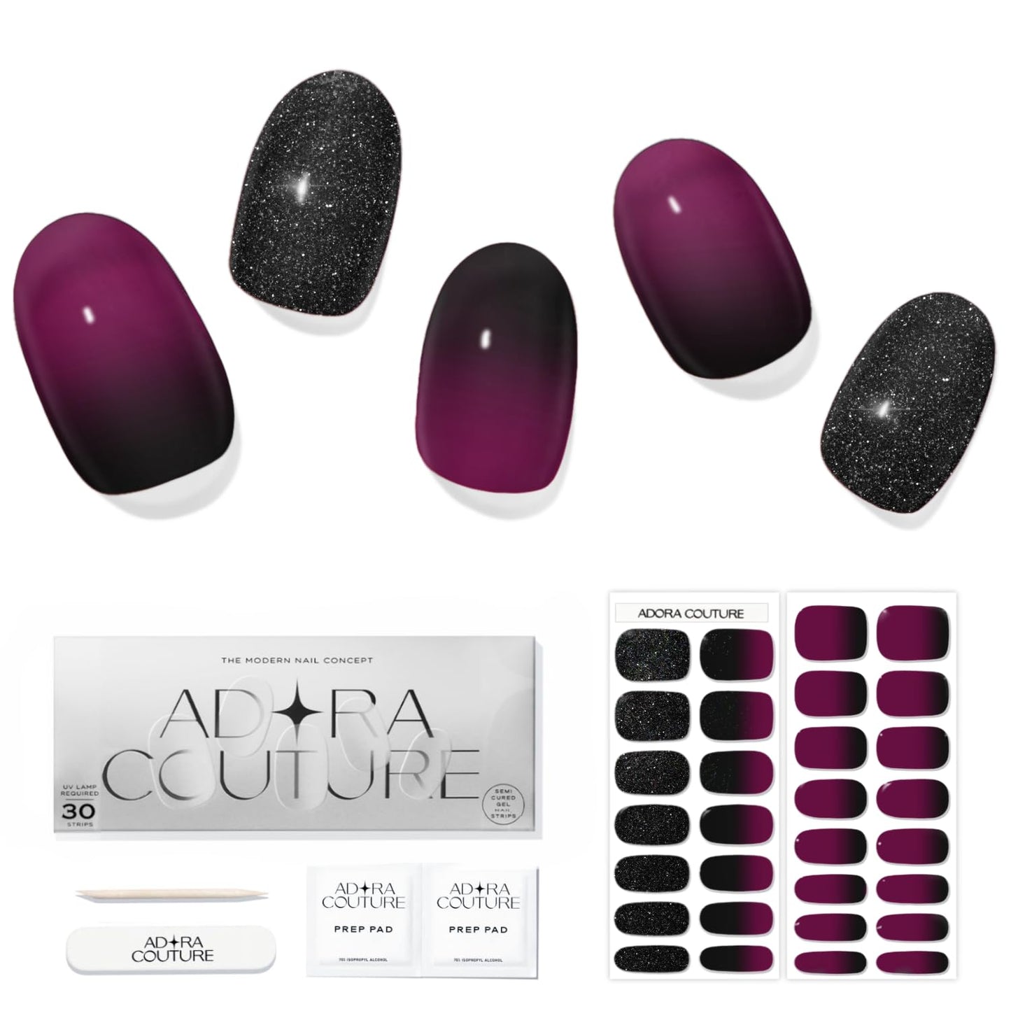 Adora Couture Semi Cured Gel Nail Strips with 30 Pieces - Salon Quality Manicure Kit for Women Easy Application Wraps Includes Prep Pads Nail File Wooden Stick, UV Light Required (Purple LA)