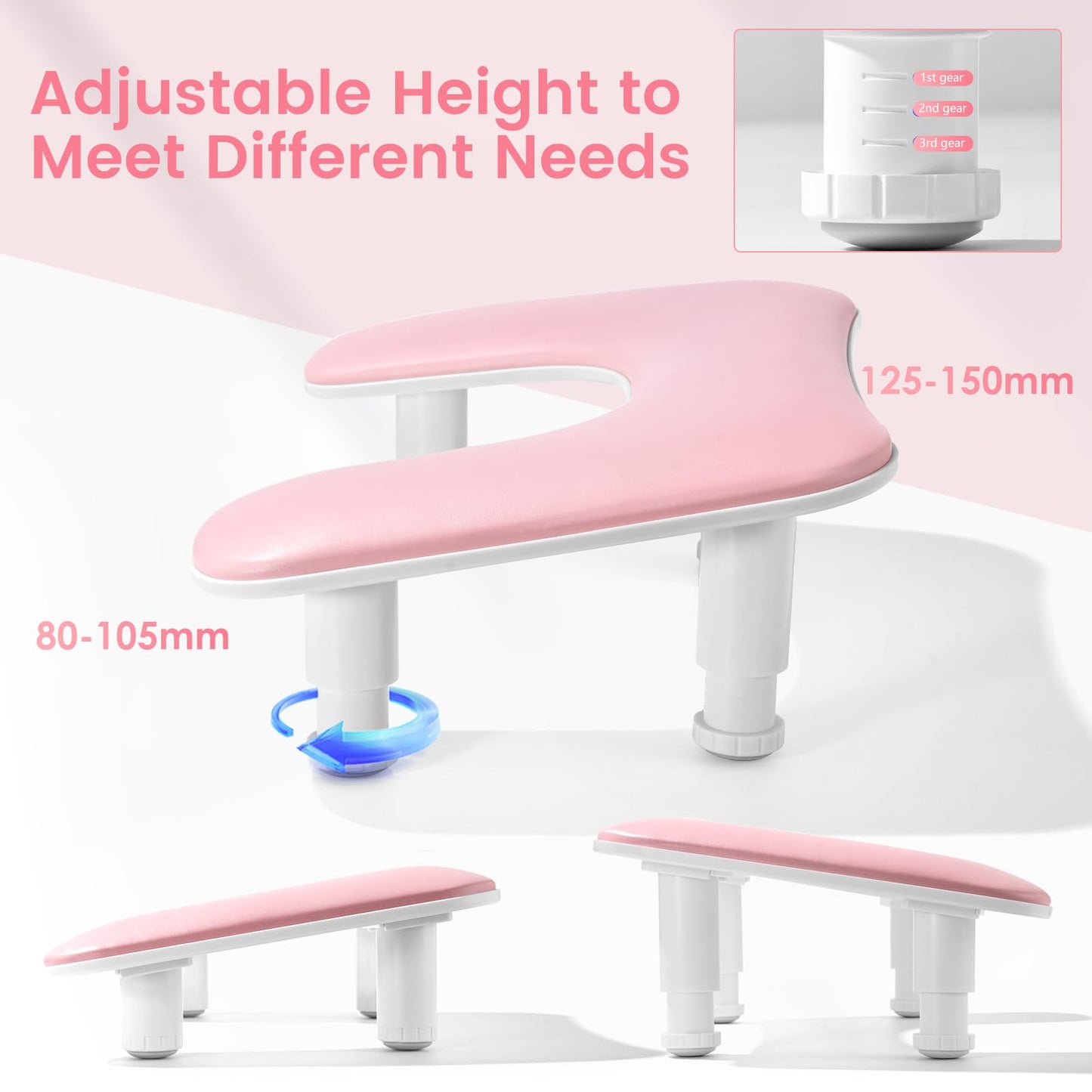 Big Arm Rest for Nails Tech: 2nd Generation U-Shaped Manicure Nail Arm Rest Stand Height Adjustable Armrest Microfiber PU Leather Hand Rest Pillow for Acrylic Nails (Pink)