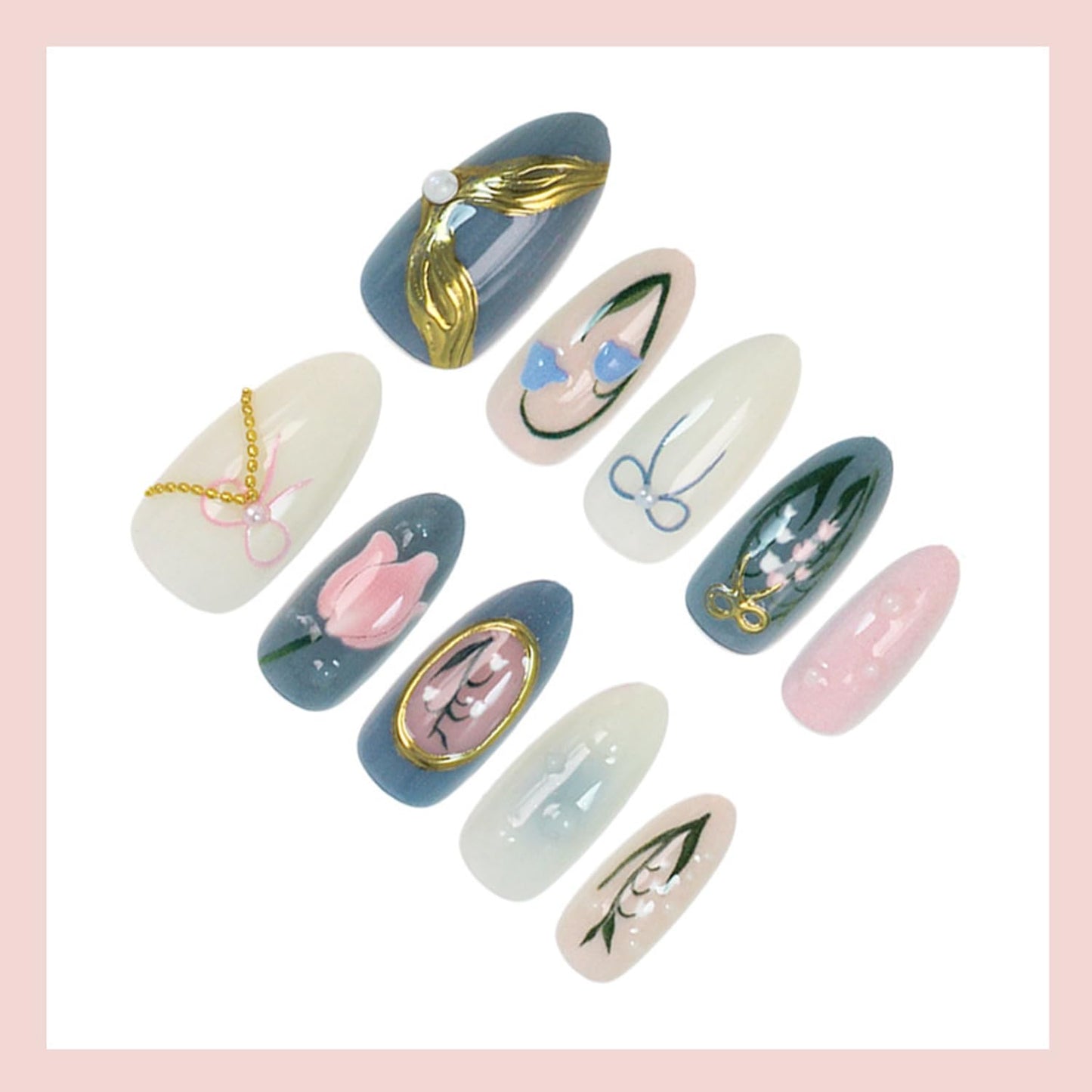 30pcs Almond Press on Nails Medium Handmade Fake Nail Art, 3D Tulip Water Drop Removable Design French Tip Press on False Nail Tips Light Blue Artificial Acrylic Nail Spring Summer Nails Set
