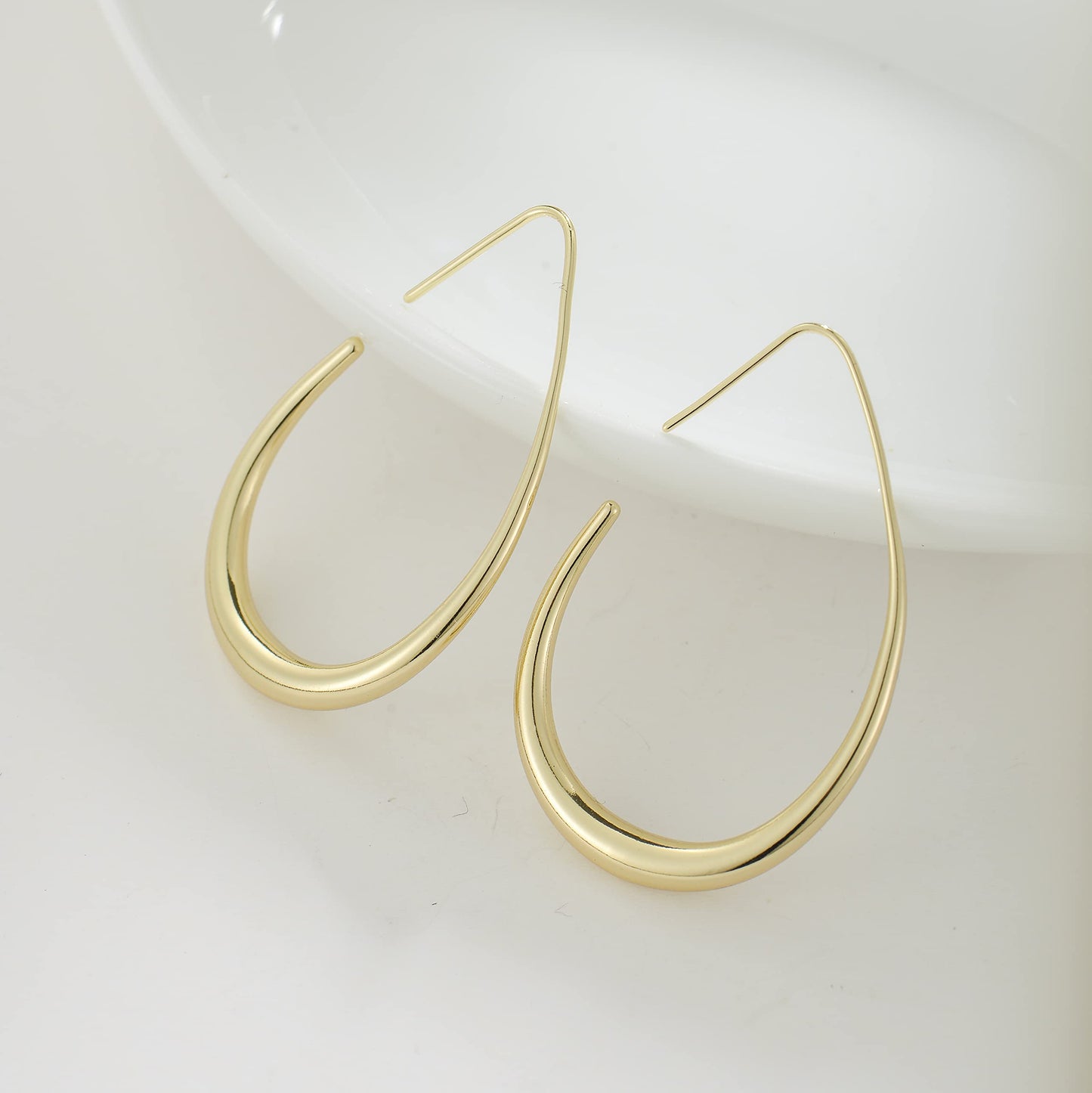 Lightweight Teardrop Hoop Earrings for Women - 14k Gold/White Gold Plated Large Oval Pull Through Hoop Earrings High Polished Statement Jewelry Gift for Women(gold 30 * 18)