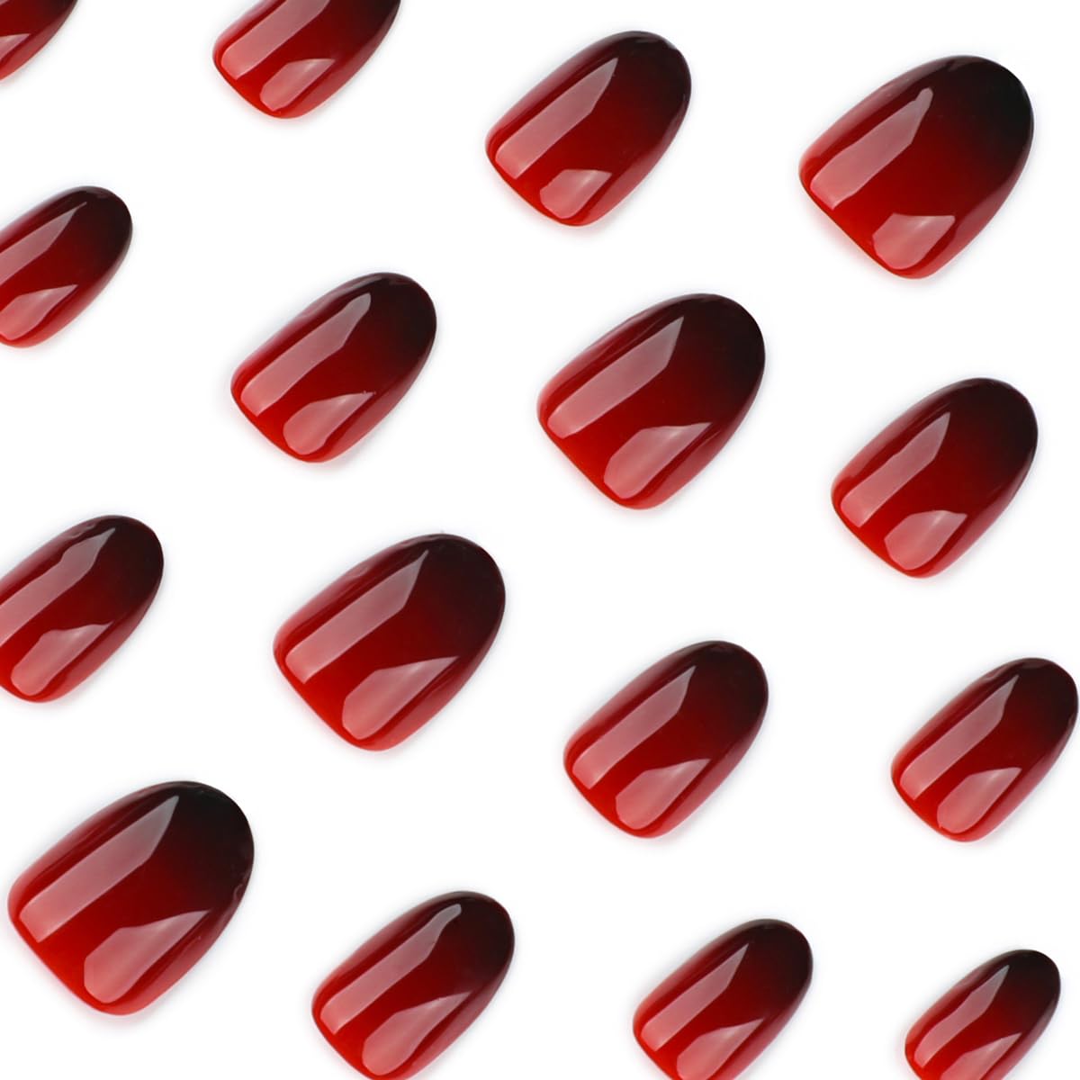 Red Black Ombre Press on Nails Short Oval Fake Nails Gothic False Nails Full Cover Glossy Acrylic Nails for Women 24PCS