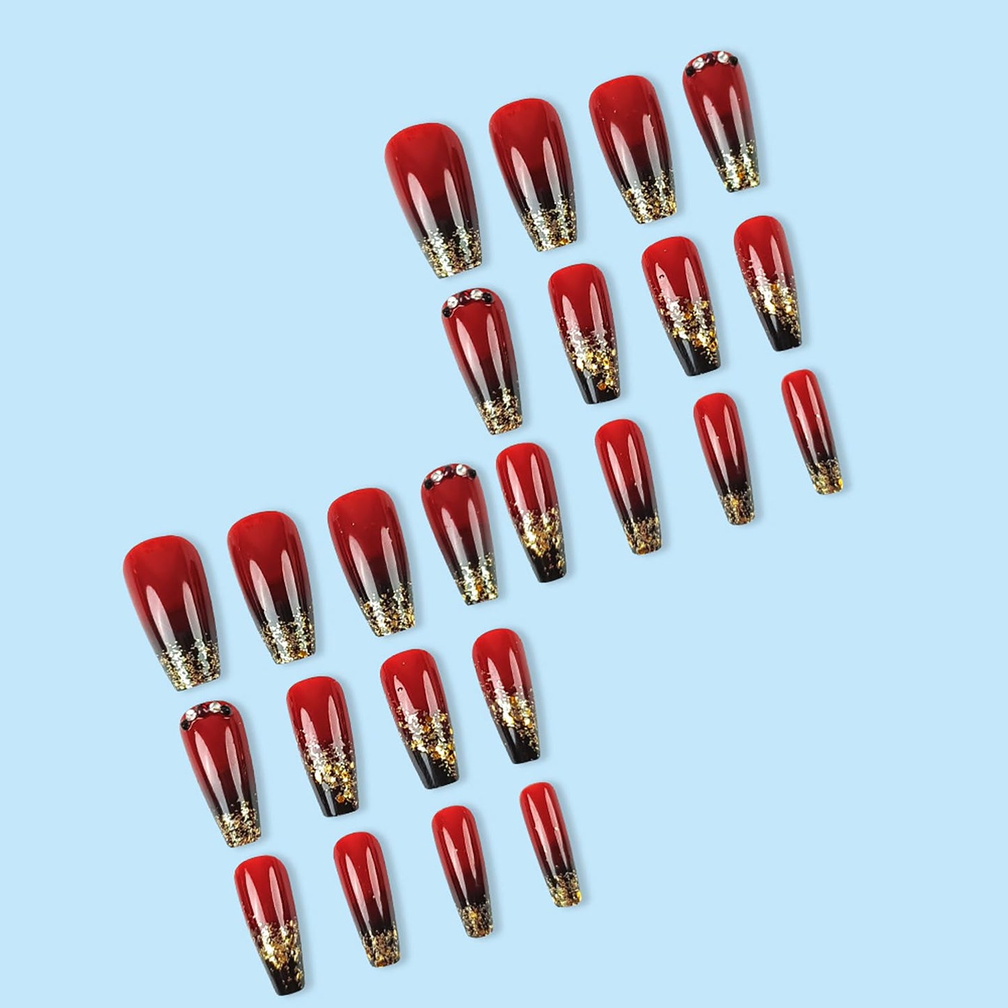 CJDLTS French Tip Press on Nails Medium Rhinestones False Nails Gold Glitter Powder Design Coffin Nails Black Red Gradient Fake Nails Artificial Nails Acrylic Stick on Nails Press Nails for Women