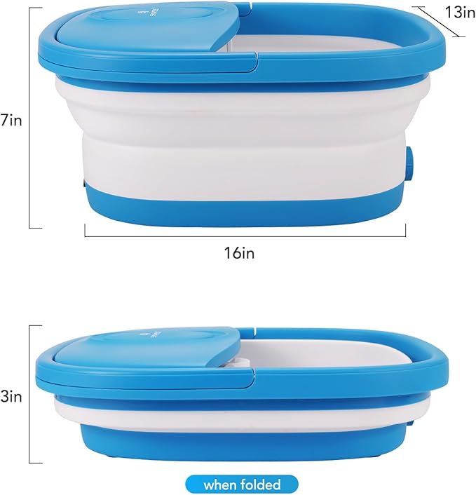 Collapsible Foot Spa Bath Massager with Heat-Maintaining, Bubbles, Red Light, 8 Shiatsu Massage Rollers, A Double-Sided Foot File for Stress Relief & Soft Feet, Space-Saving Feet Soaker, Blue