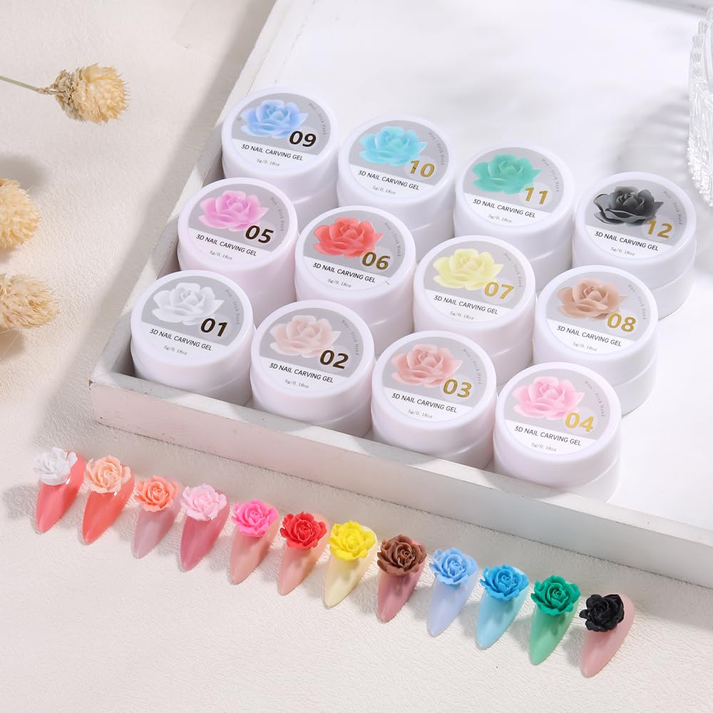 SUTOKAKA Solid Builder Nail Gel Set, 12 Colors Non-Sticky 3D Sculpting Gel for Nail Art Painting Drawing Carving Molding With Silicone Sculpture Pen for Manicure Salon Home DIY
