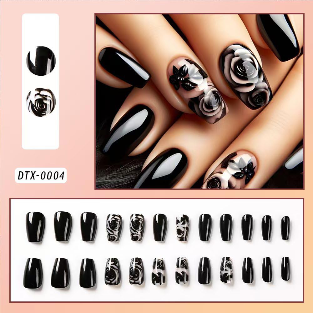 24PCS Black Rose Flower Press on Nails Medium Length Coffin Fake Fingernails Glossy Full Cover Artificial False Nails Kit With Black Rose Designs Fale Nails Nails For Women Girls Manicure