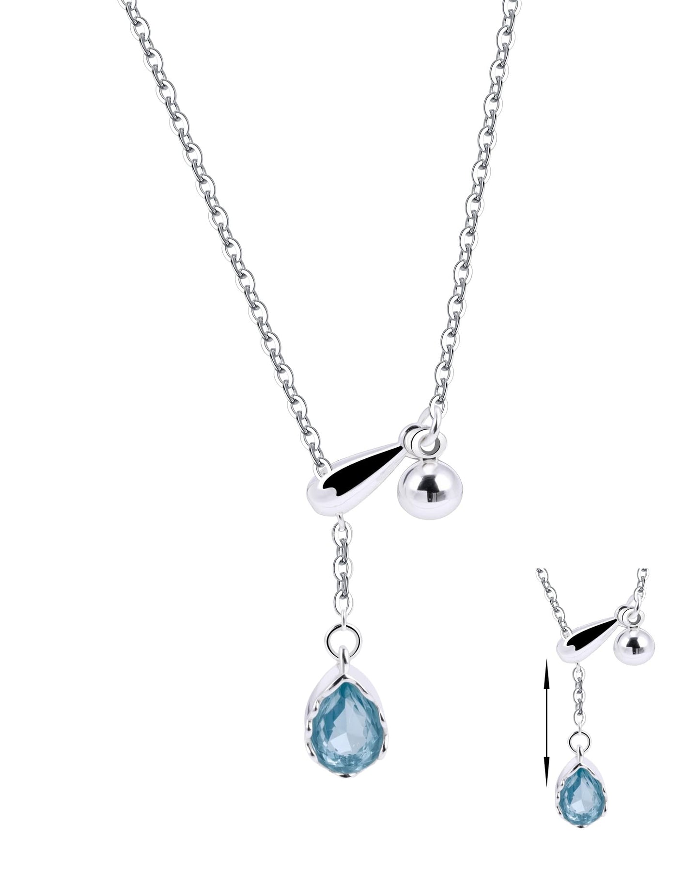 Zikichiky Aquamarine Silver Lariat Necklace for Women-Silver Teardrop Pendant Necklace Slip Chain Light Blue Birthstone Adjustable Jewelry