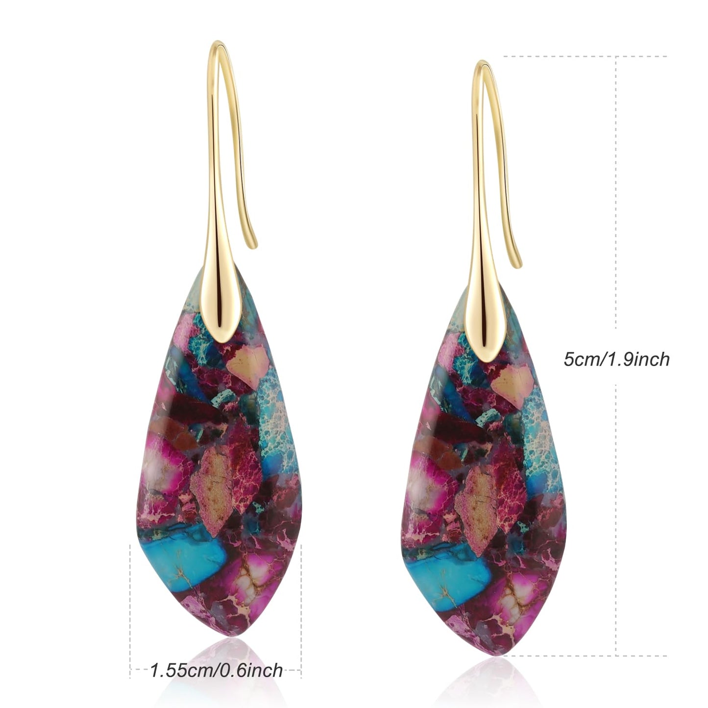 Sriomu Natural Healing Stone Fishhoop Diamond-Shaped Dangle Drop Earrings Statement Gold silver earrings (Colorful Purple Gold Hook)